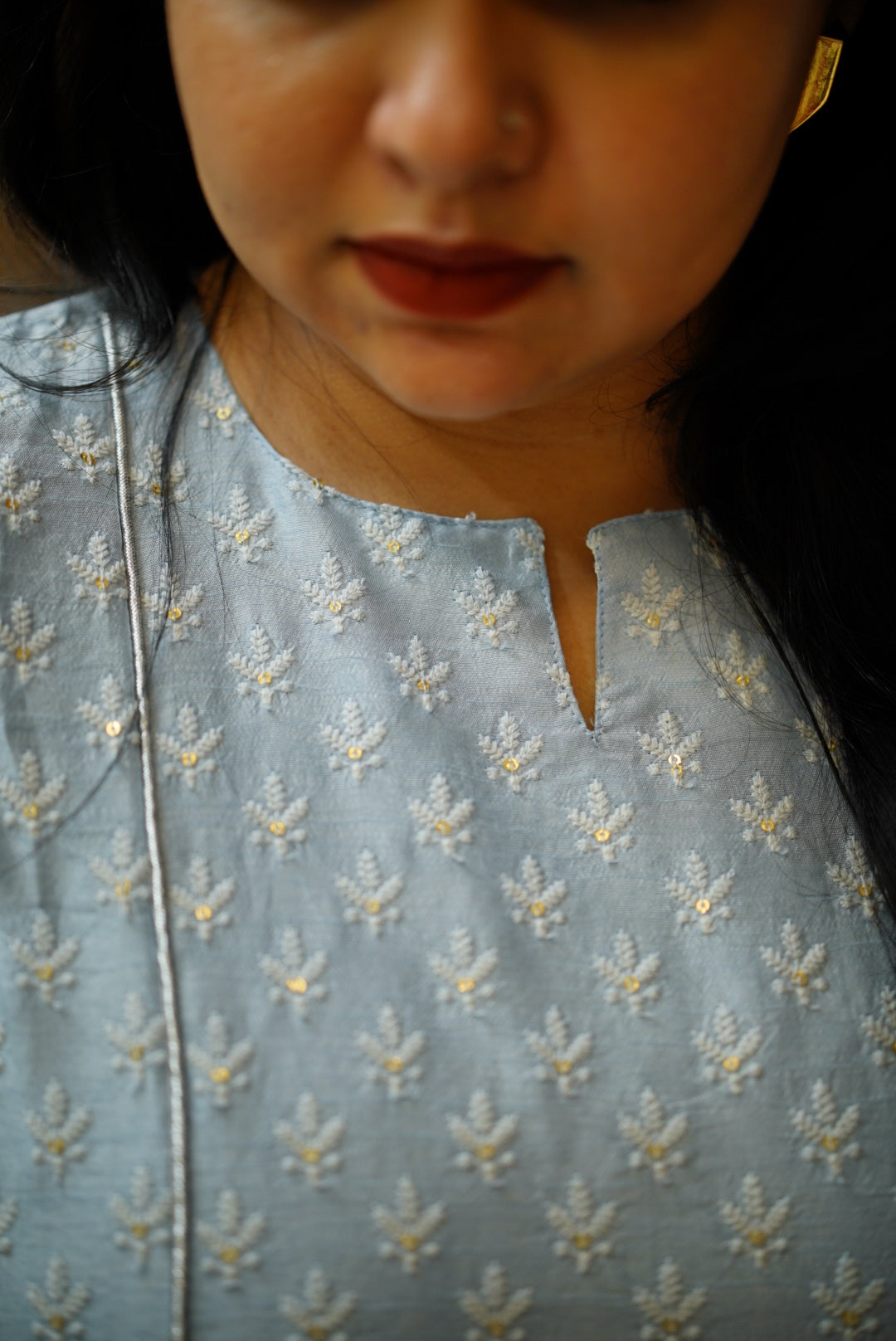 Slub silk embroidery kurti - Blue