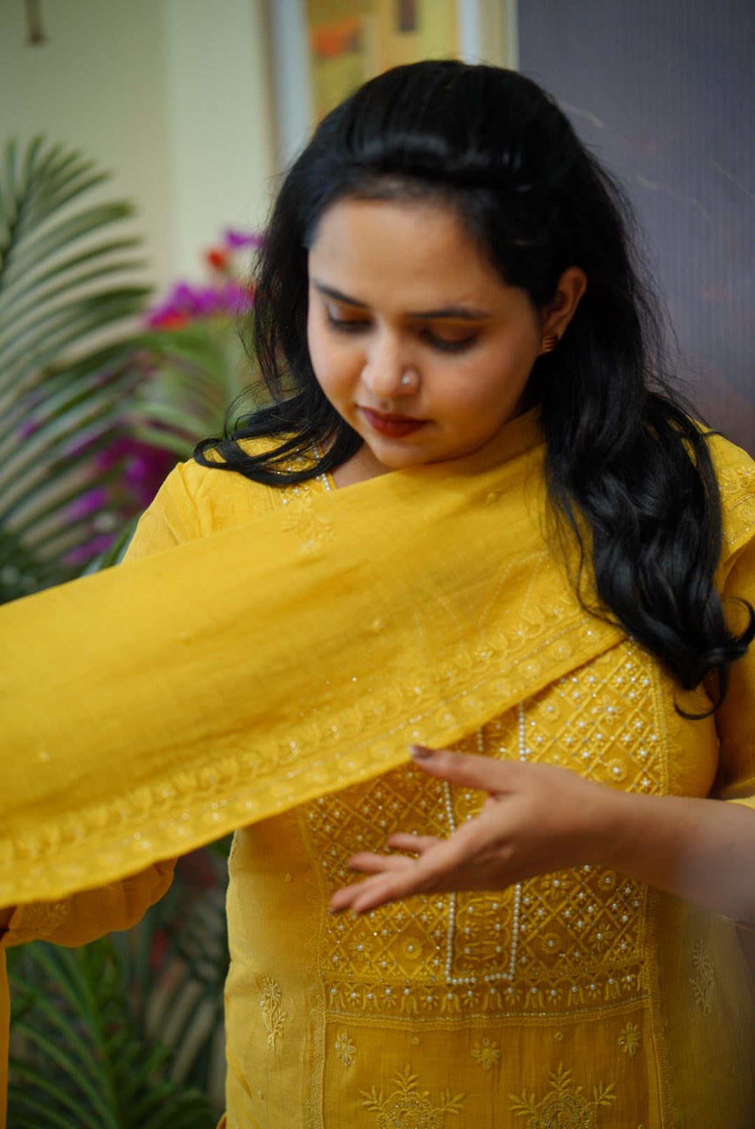 Stitched 3 piece chanderi salwar suit : Mustard and pear yoke