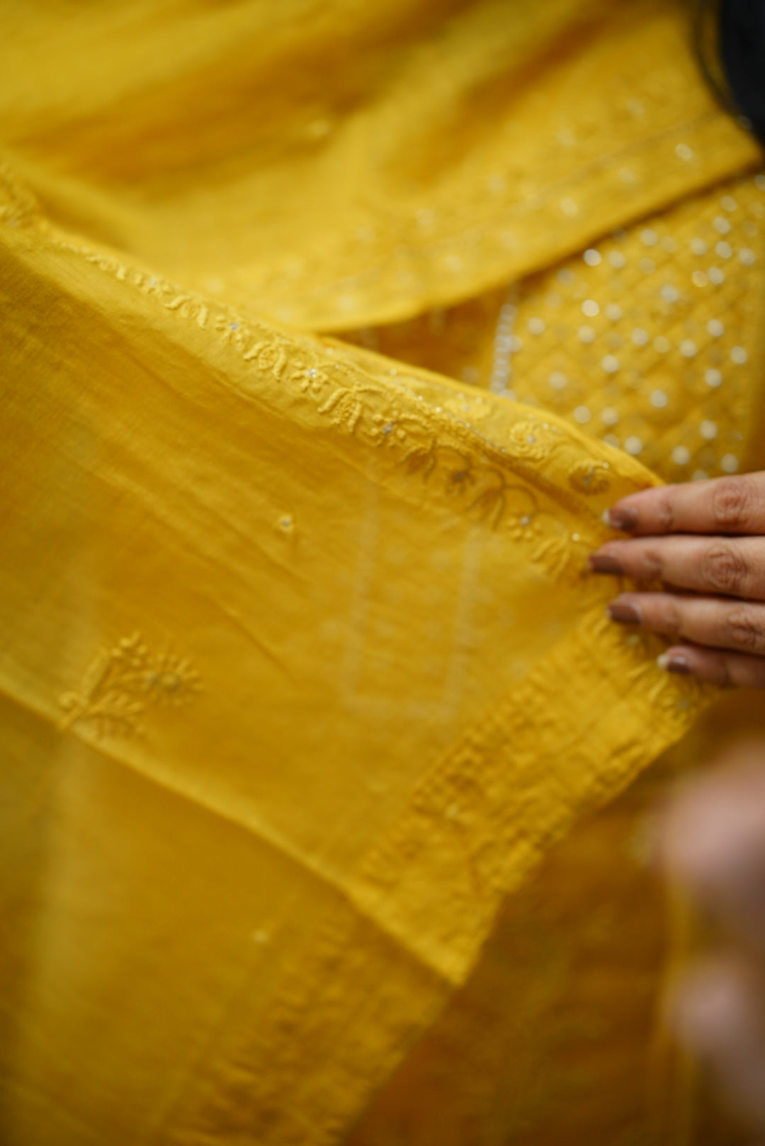 Stitched 3 piece chanderi salwar suit : Mustard and pear yoke