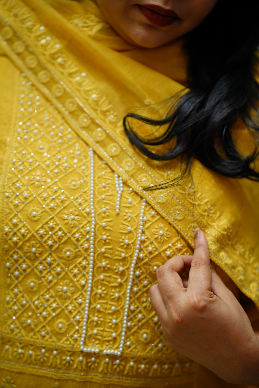 Stitched 3 piece chanderi salwar suit : Mustard and pear yoke