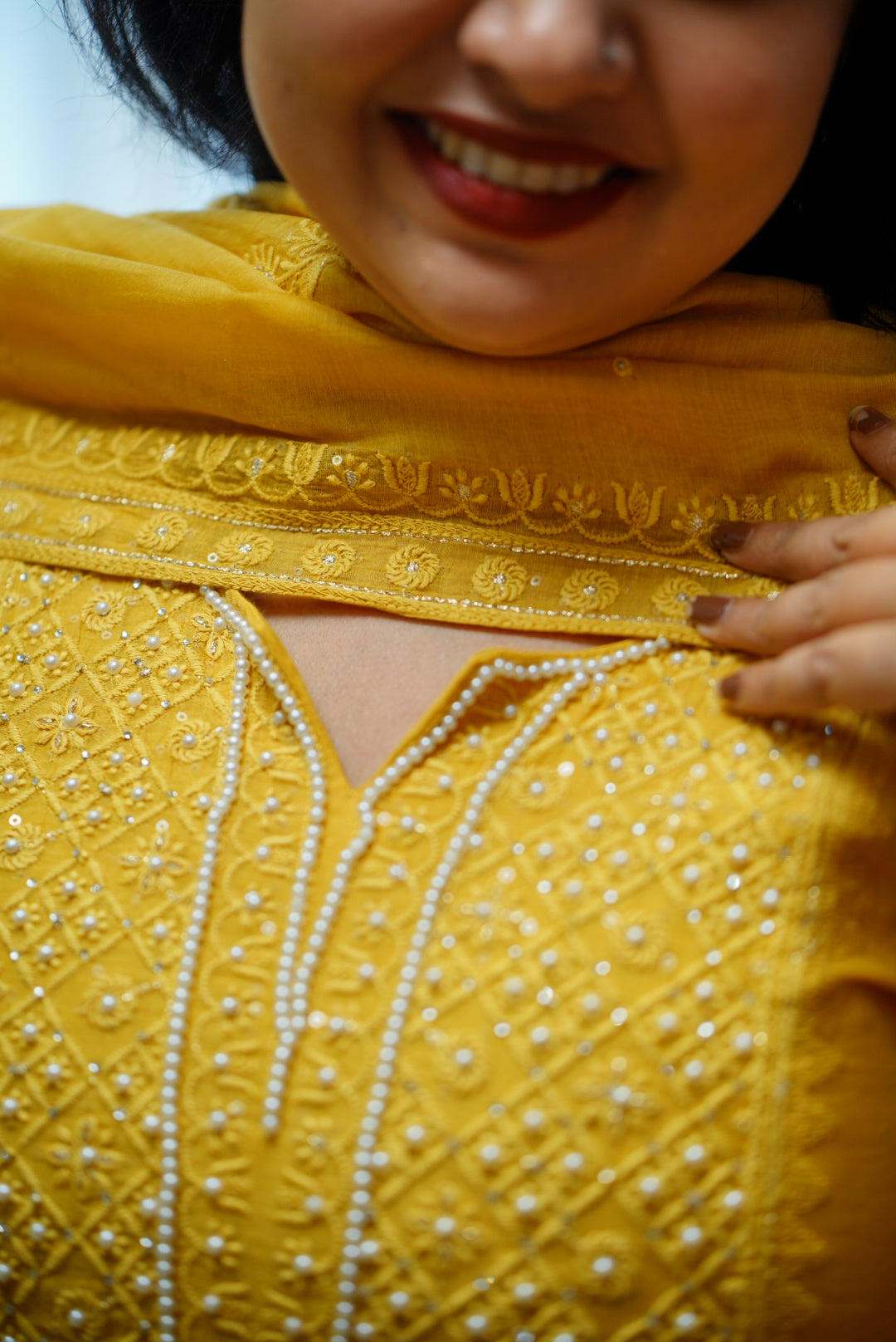 Stitched 3 piece chanderi salwar suit : Mustard and pear yoke