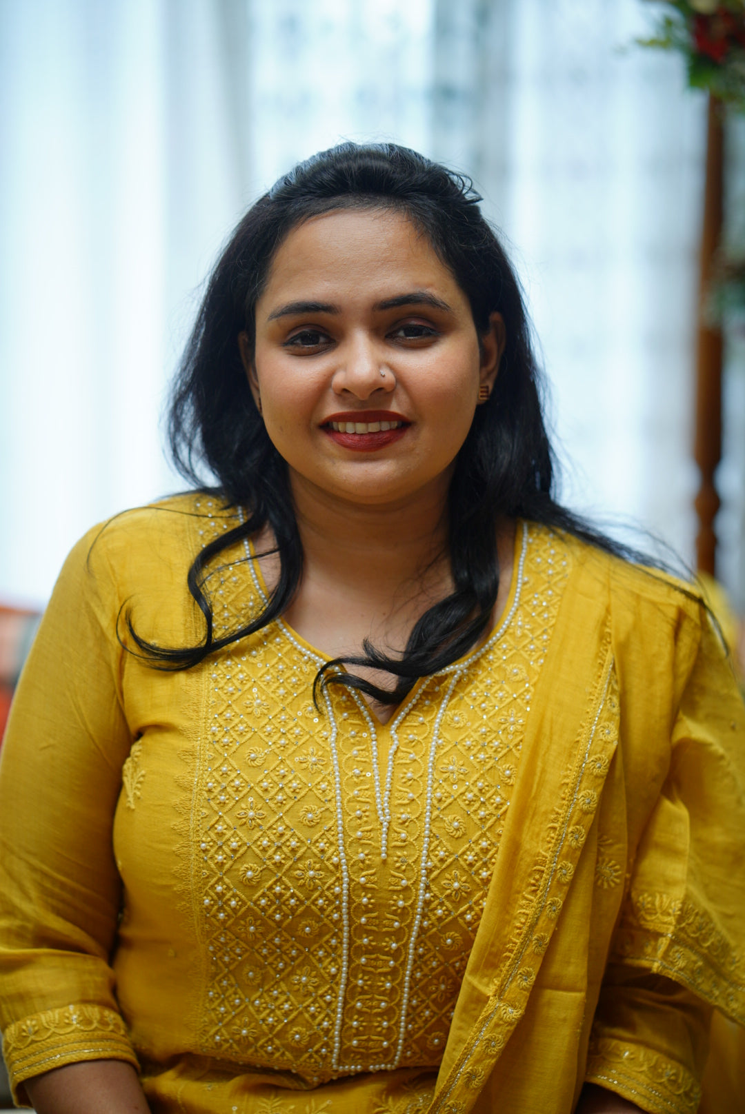 Stitched 3 piece chanderi salwar suit : Mustard and pear yoke