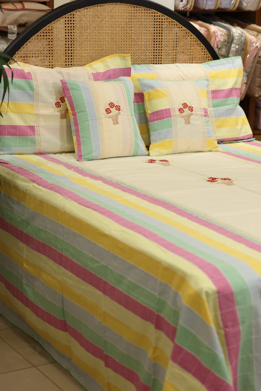 Pastel Stripe Premium Embroidery Cotton King Size Bedspread Set Cottage collections 3