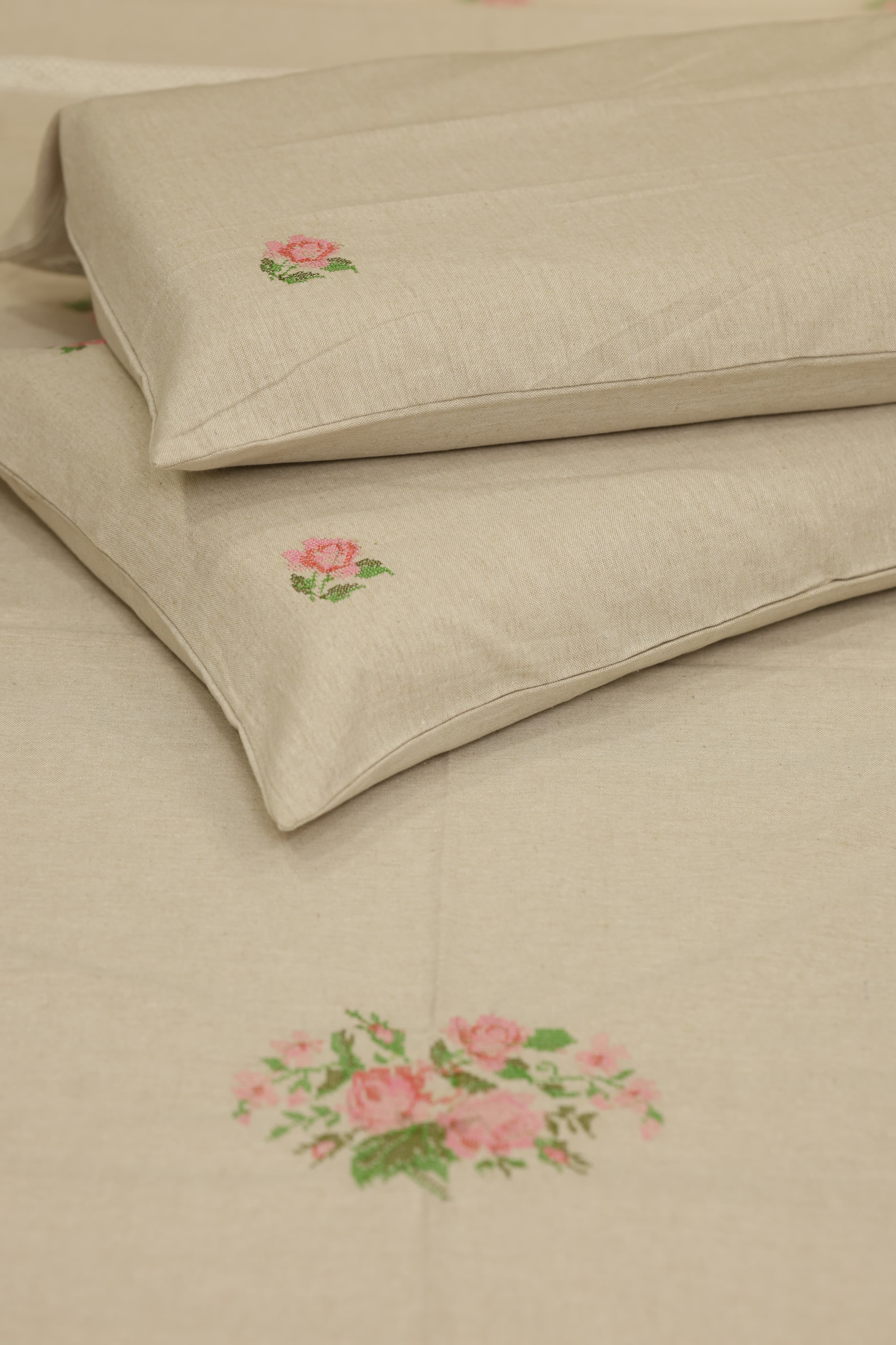 Premium Cross stitch Embroidery Cotton King Size Bedspread Set