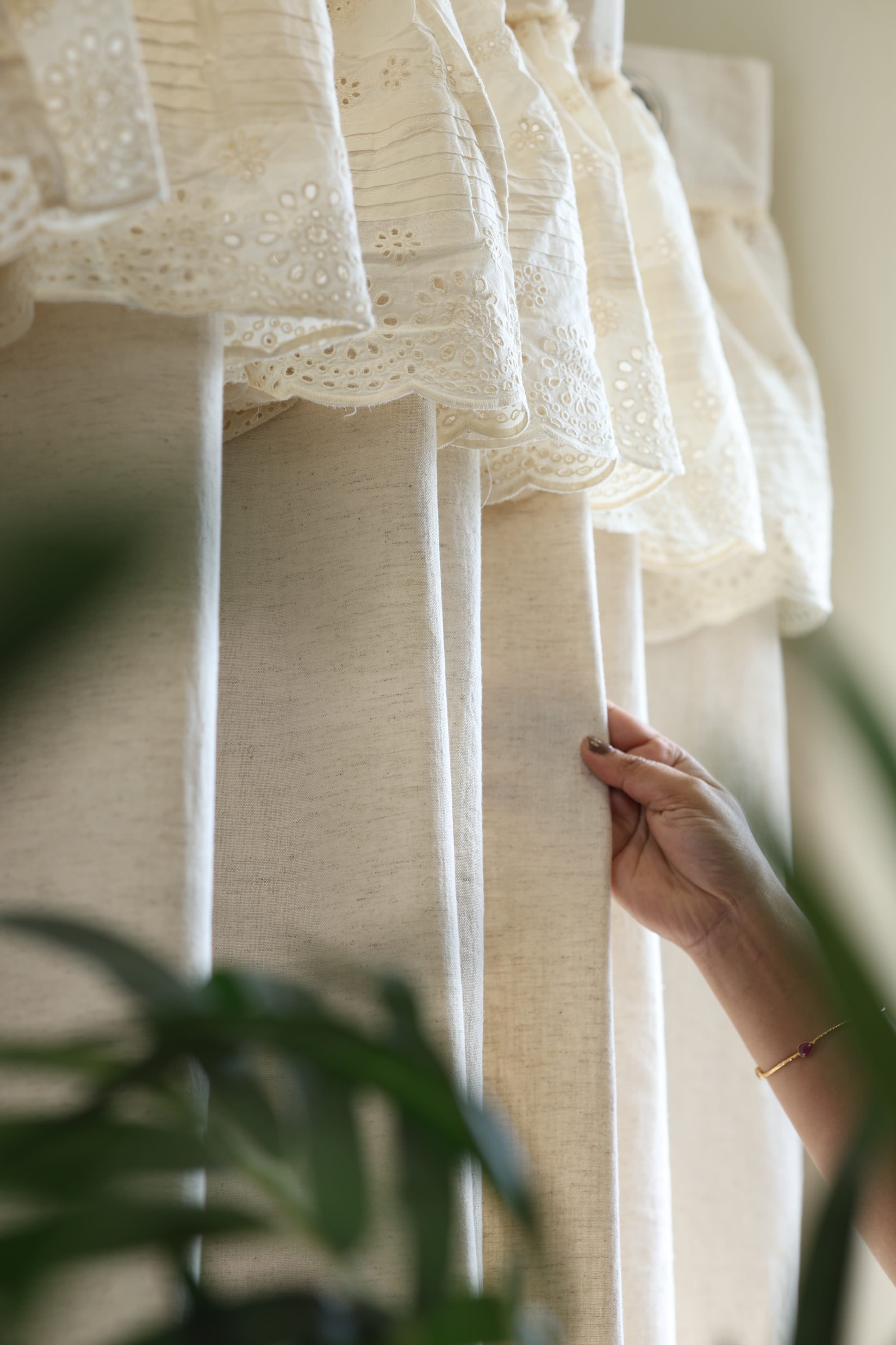 Ivory Lace Crochet with hakoba frill opaque curtains cottage frills