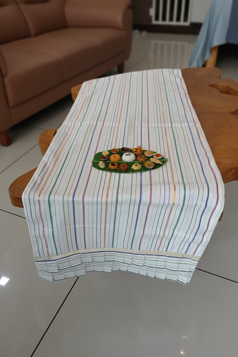 Onam Striped Table Runner with two side Ruffled Edges - 6 seater