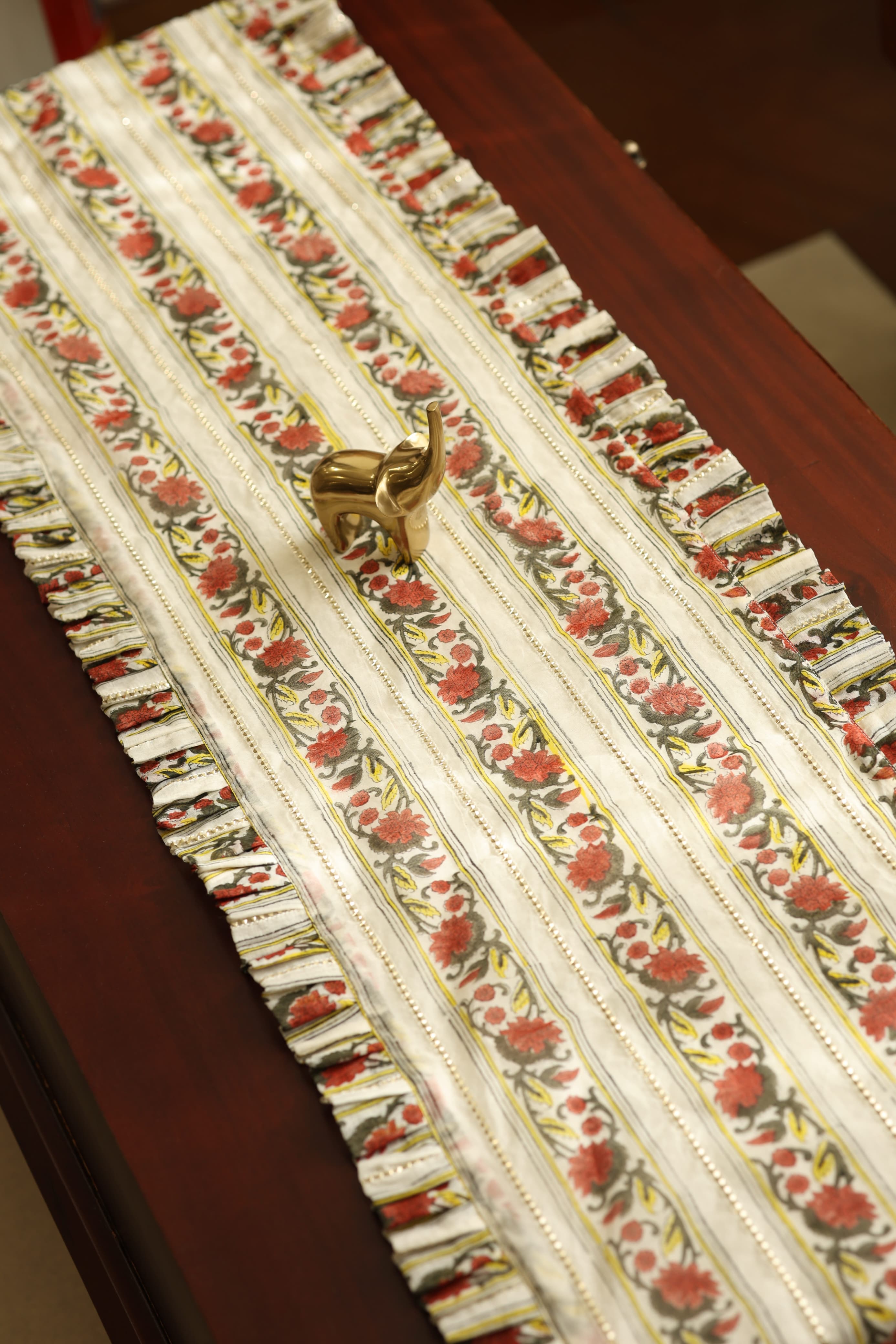 Onam Handblock Table Runner with Ruffled Edges - 4 seater