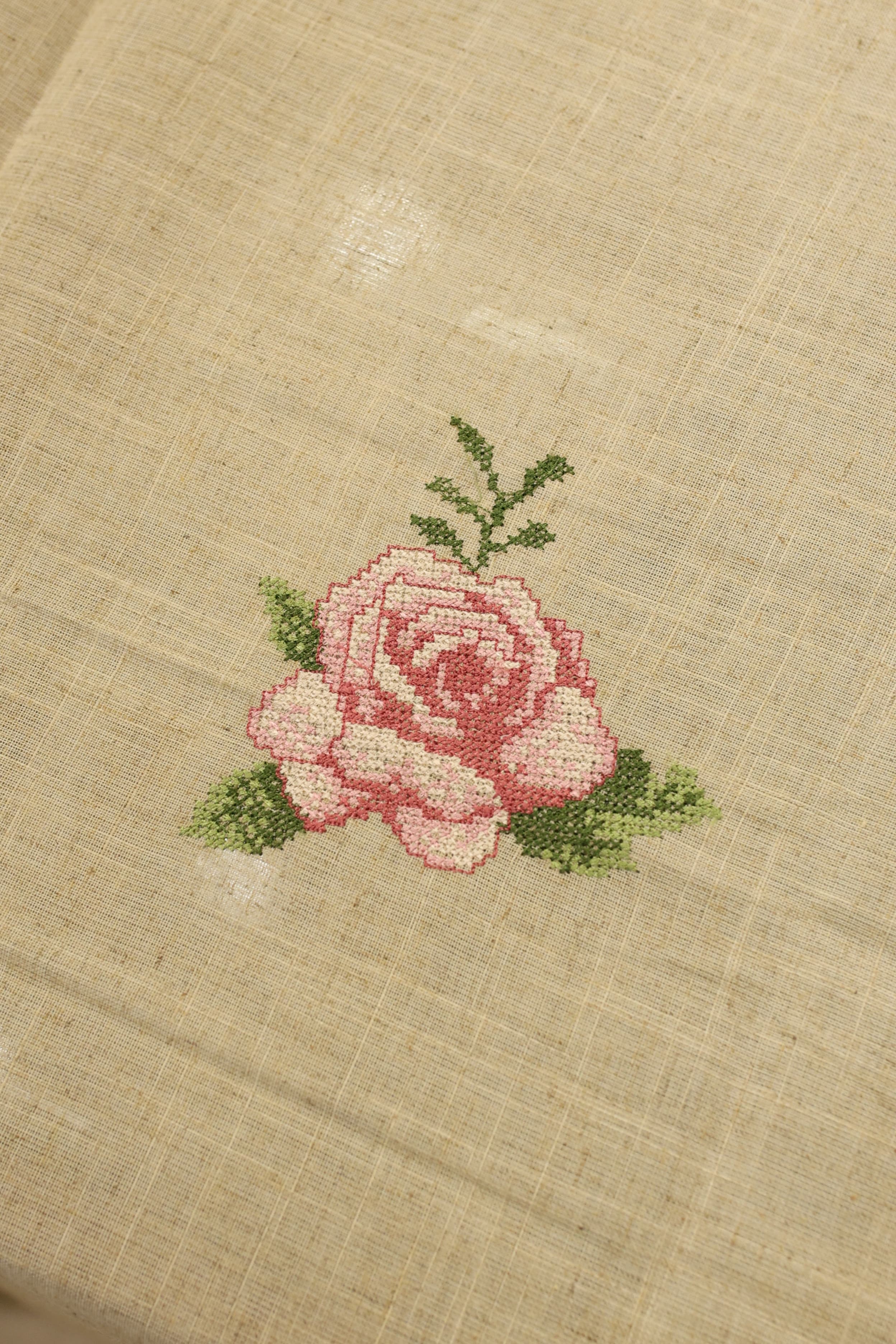 Pink Rose Cross Stitch Embroidery Beige Tablecloth (60x90 Inches) - 6 seater