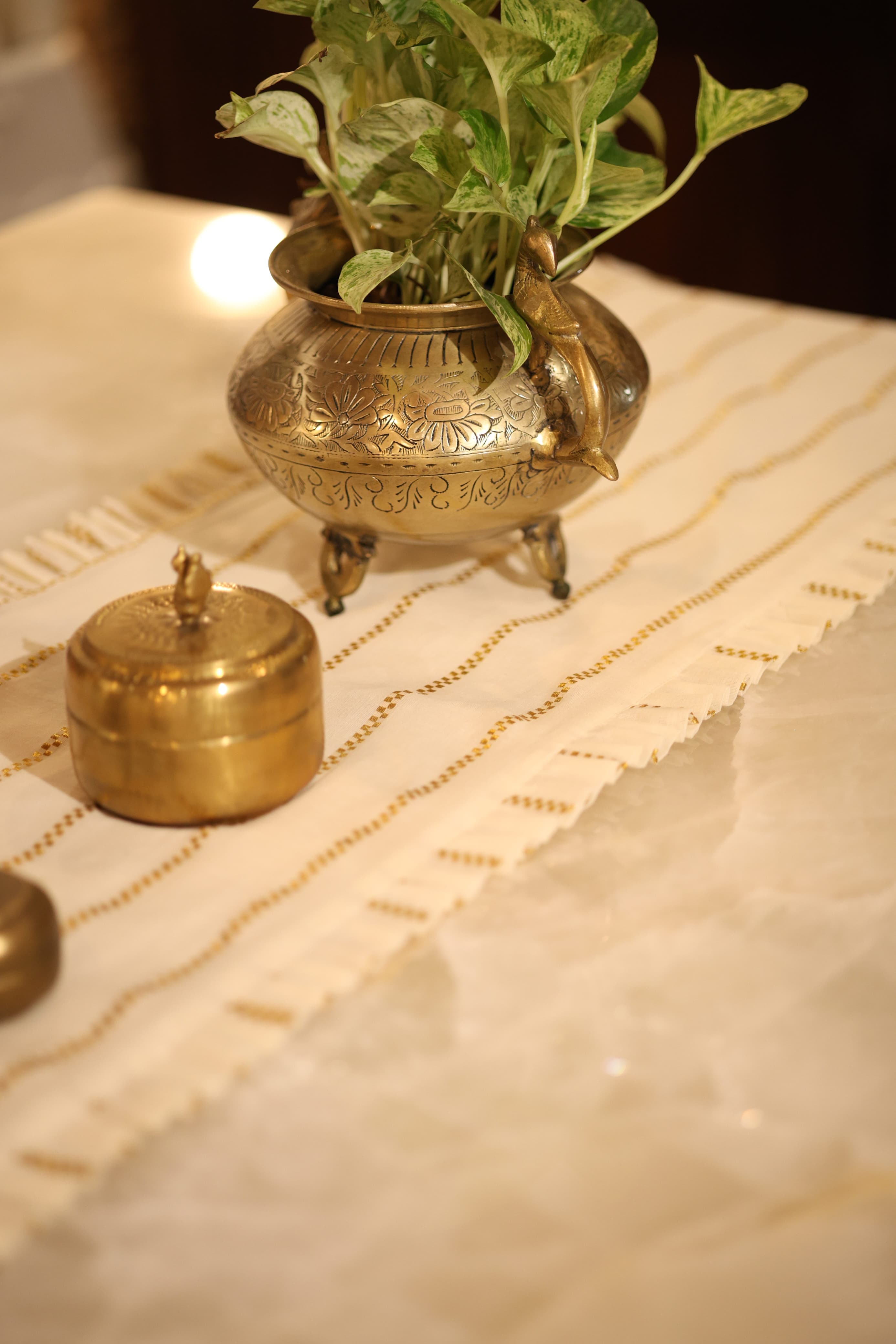 Onam Striped Table Runner with Ruffled Edges - 4 seater