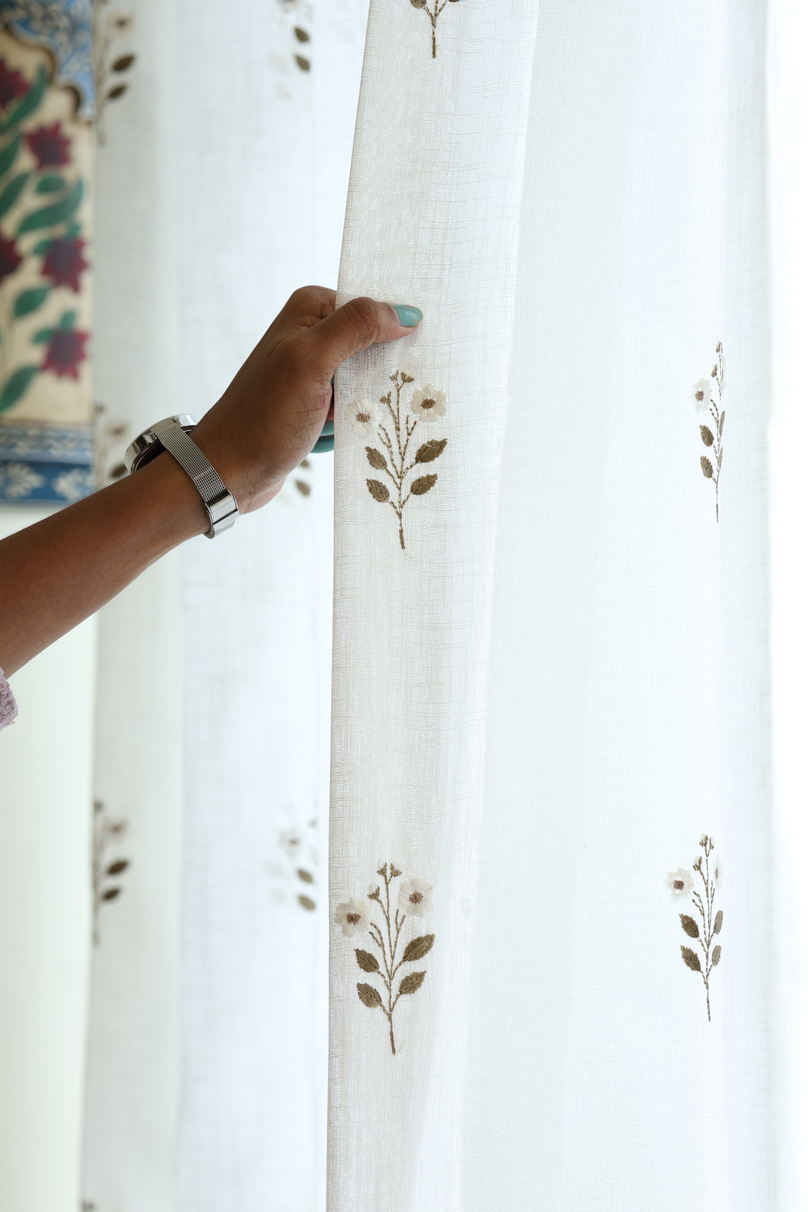 Ivory Floral embroidery sheer Curtain