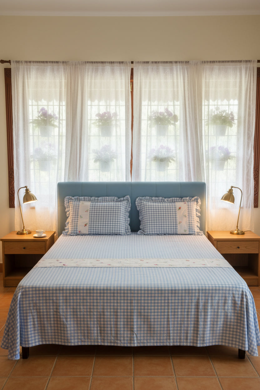 Bedsheets - Queen Premium check floral embroidery  bedsheet