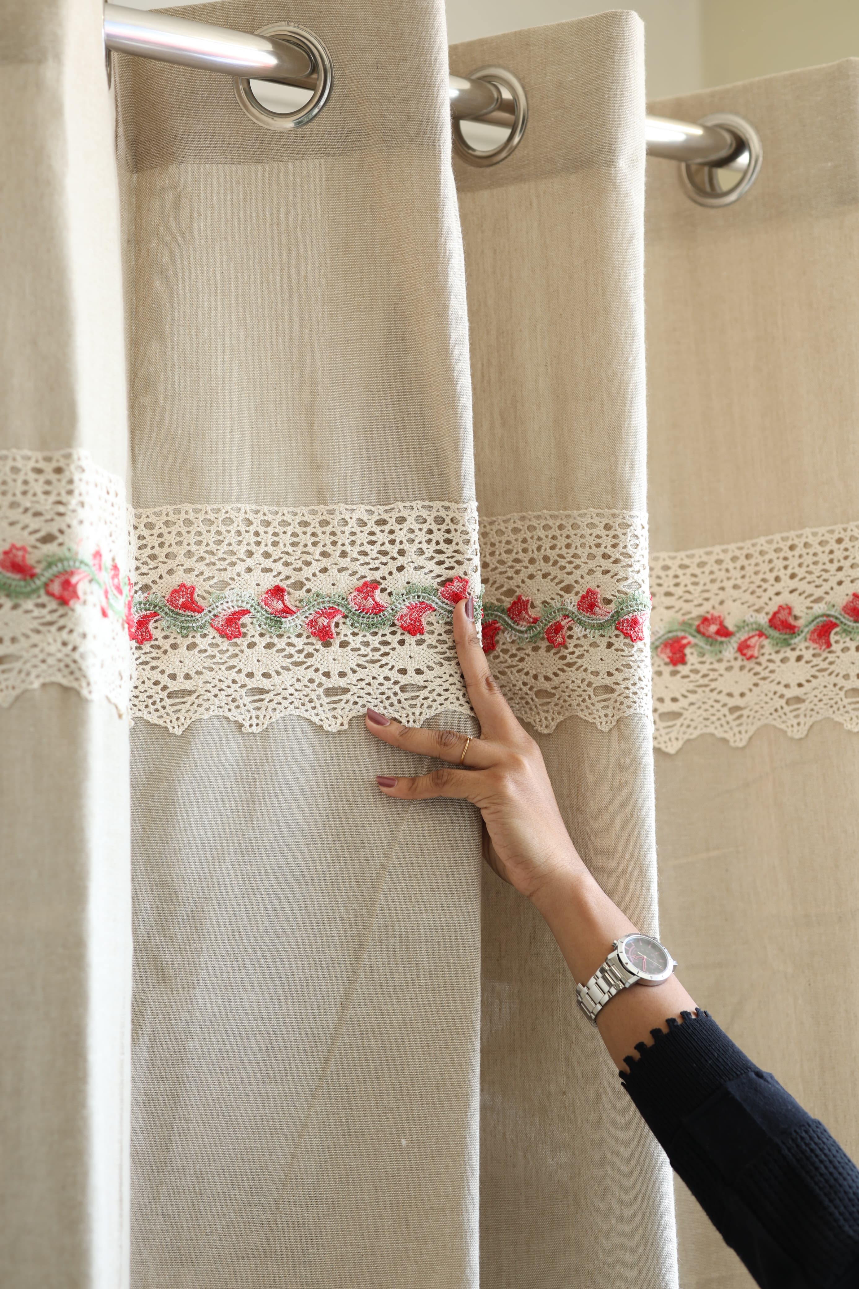 Natural Beige Opaque Curtain with Red Floral Crochet Lace Trim