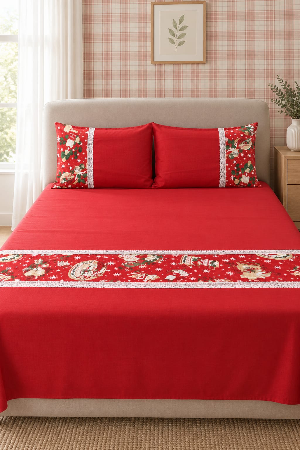 Bedsheets - Queen Premium floral Lace bedsheet Xmas theme edition