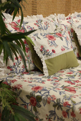Bedsheets - Premium king floral printed lace bedsheet with cushion covers green bud