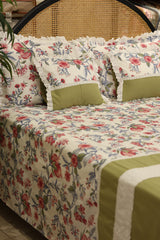 Bedsheets - Premium king floral printed lace bedsheet with cushion covers green bud