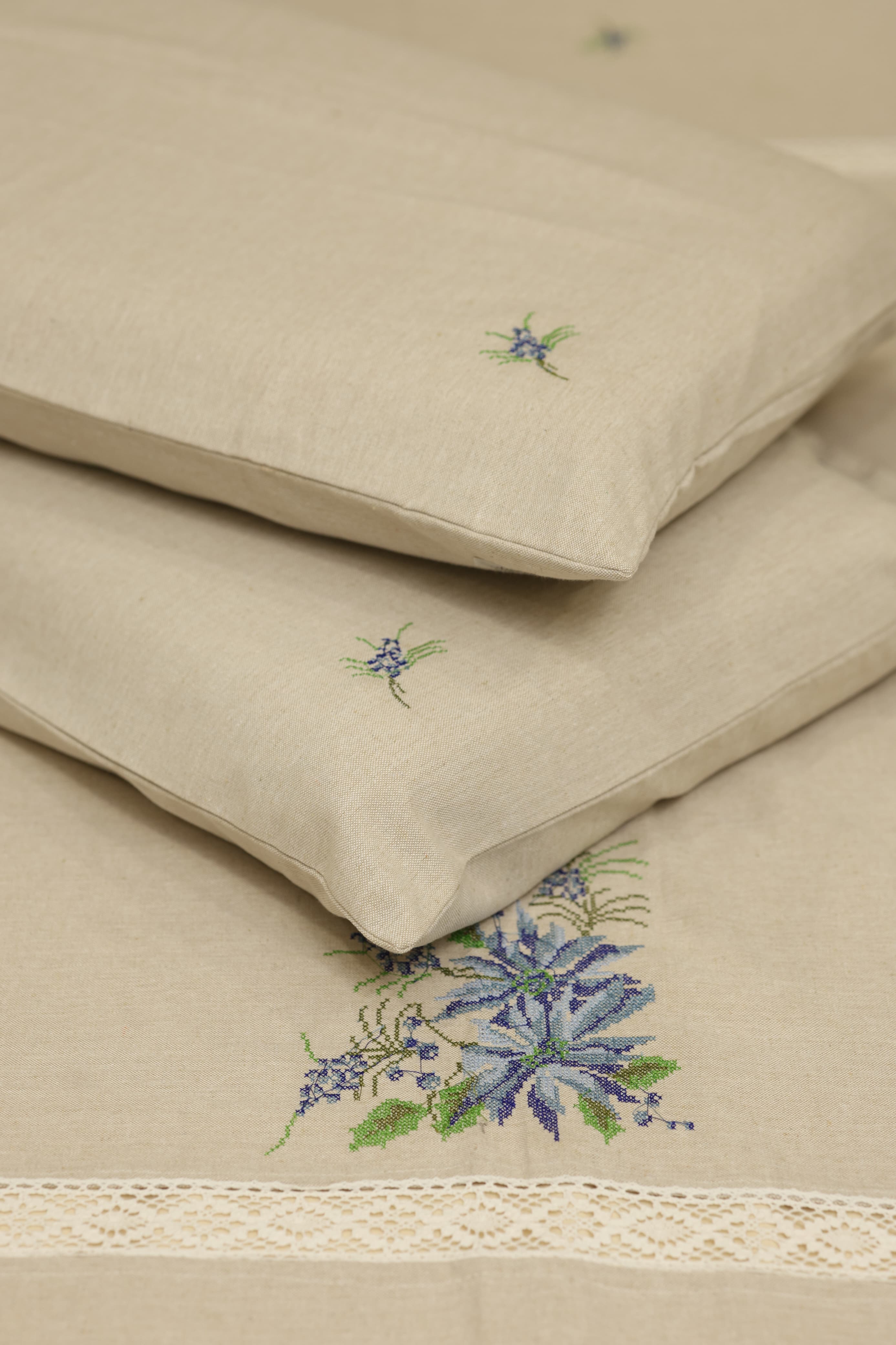 Premium Cross stitch Embroidery Cotton King Size Bedspread Set