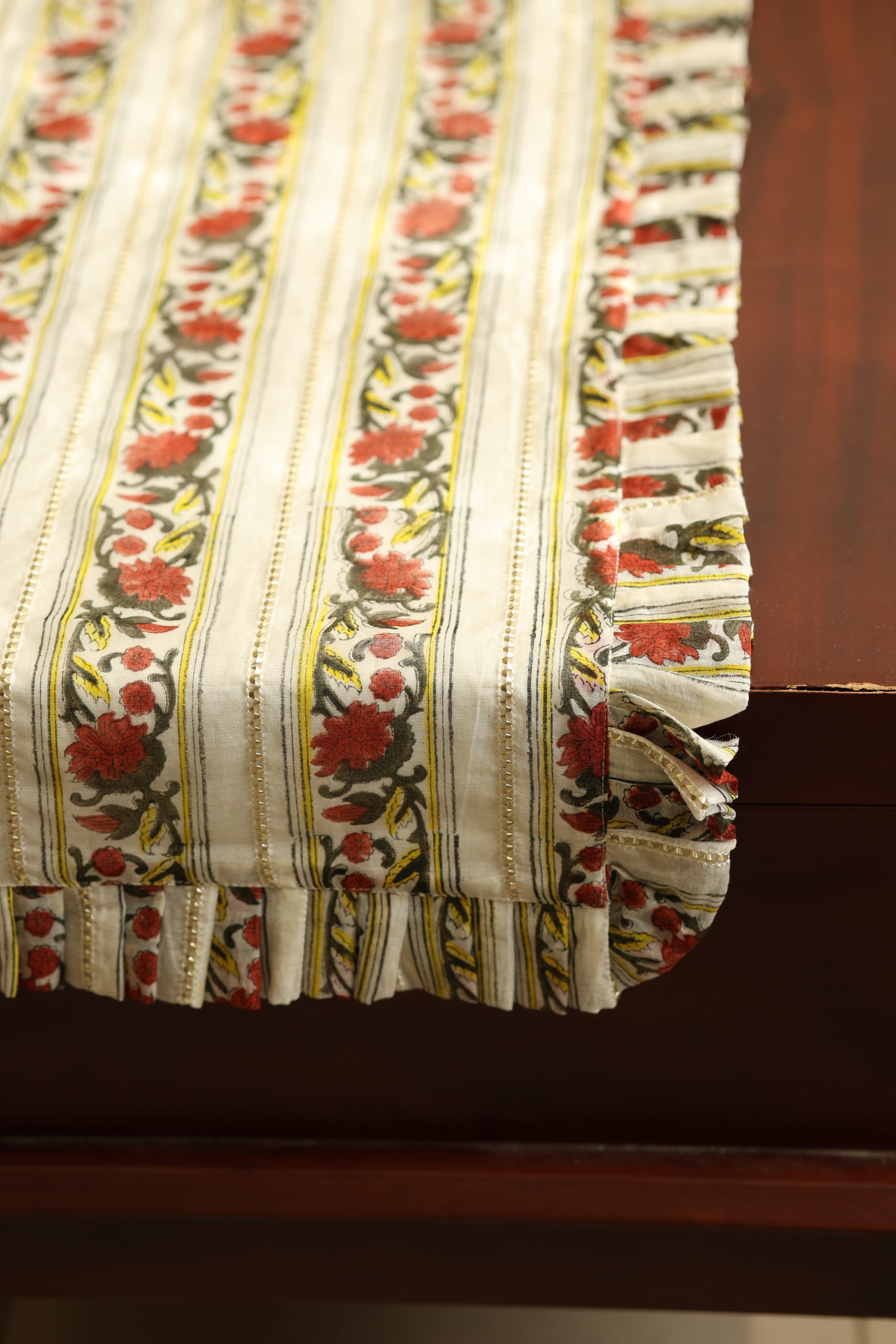 Onam Handblock Table Runner with Ruffled Edges - 4 seater