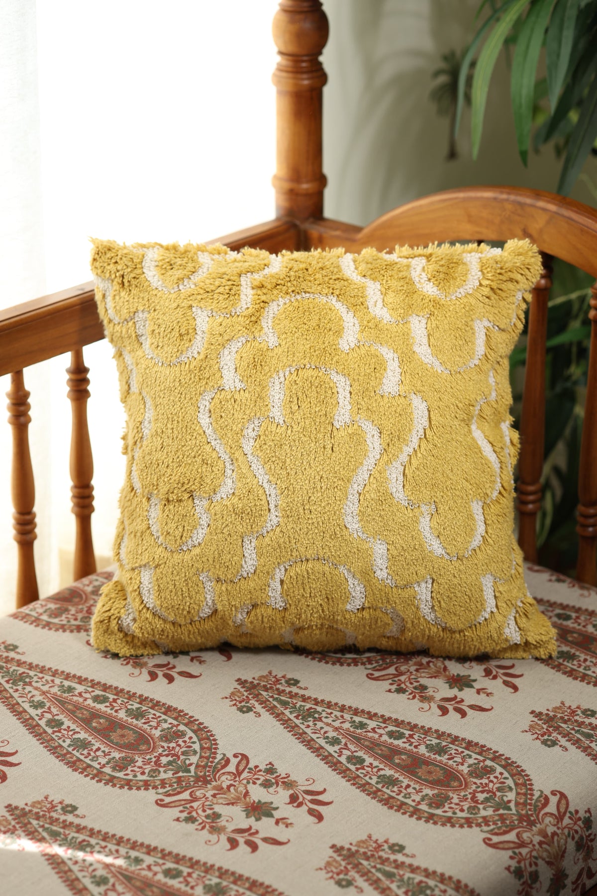 Yellow Tufted Geometric Pattern Cushion Cover
