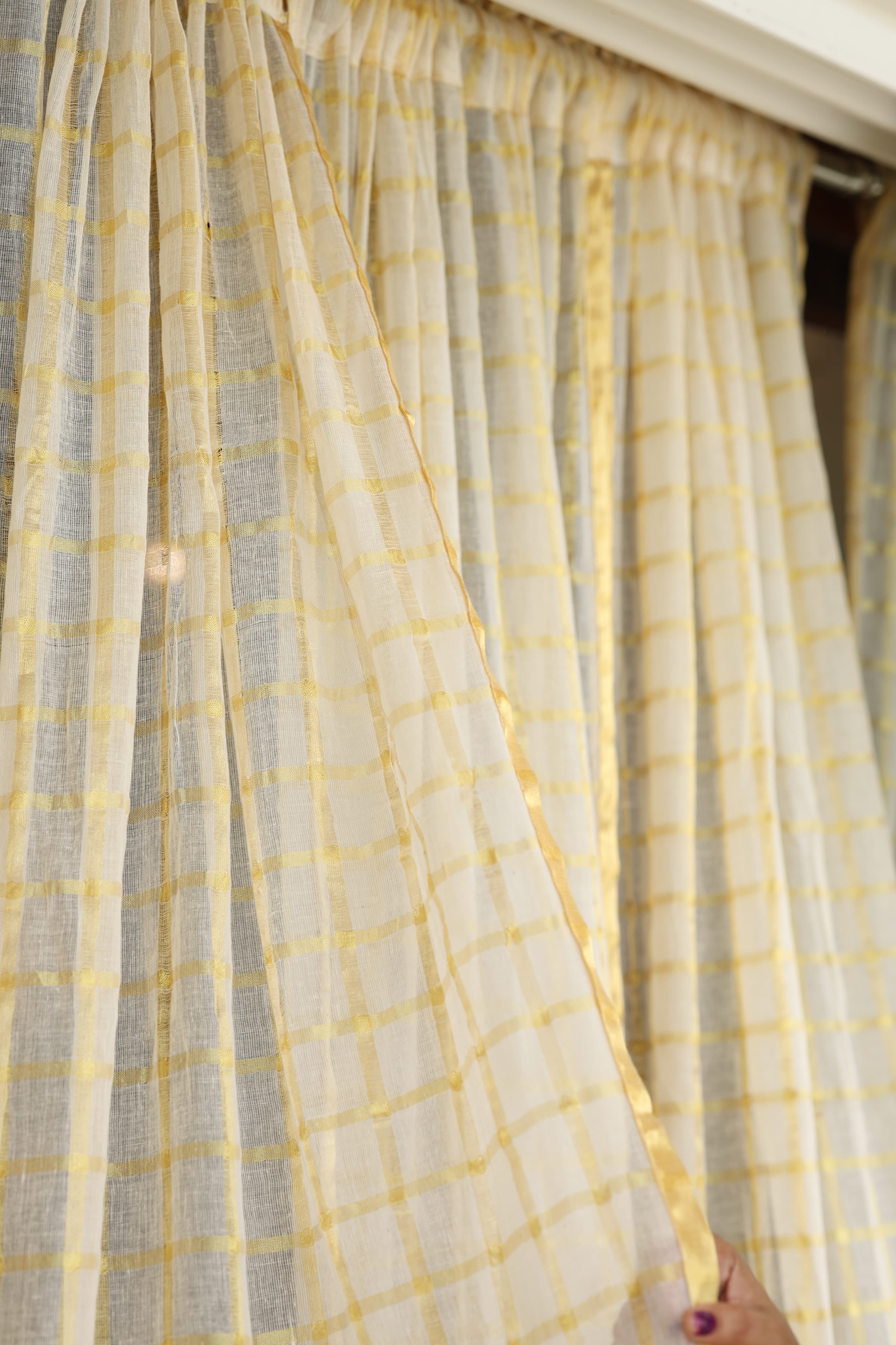 Onam Kasavu Sheer Curtain – Gold Check Elegance