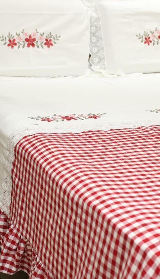 Bedsheets - Queen Premium check floral embroidery  bedsheet Xmas theme edition