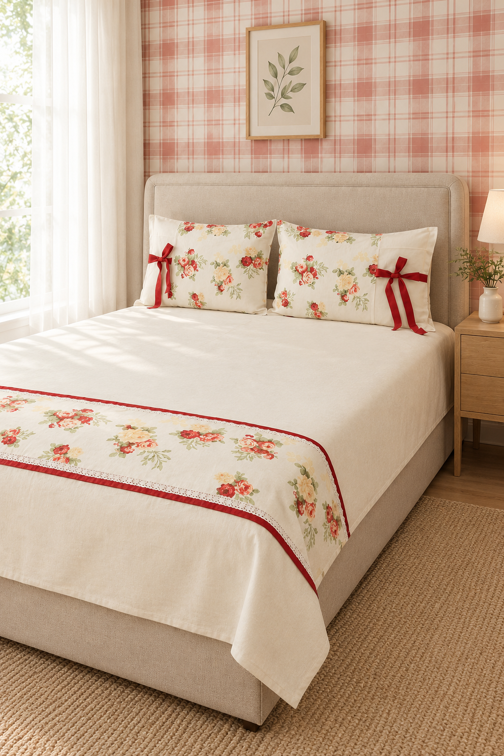 Bedsheets - Queen Premium check floral embroidery  bedsheet Xmas theme edition