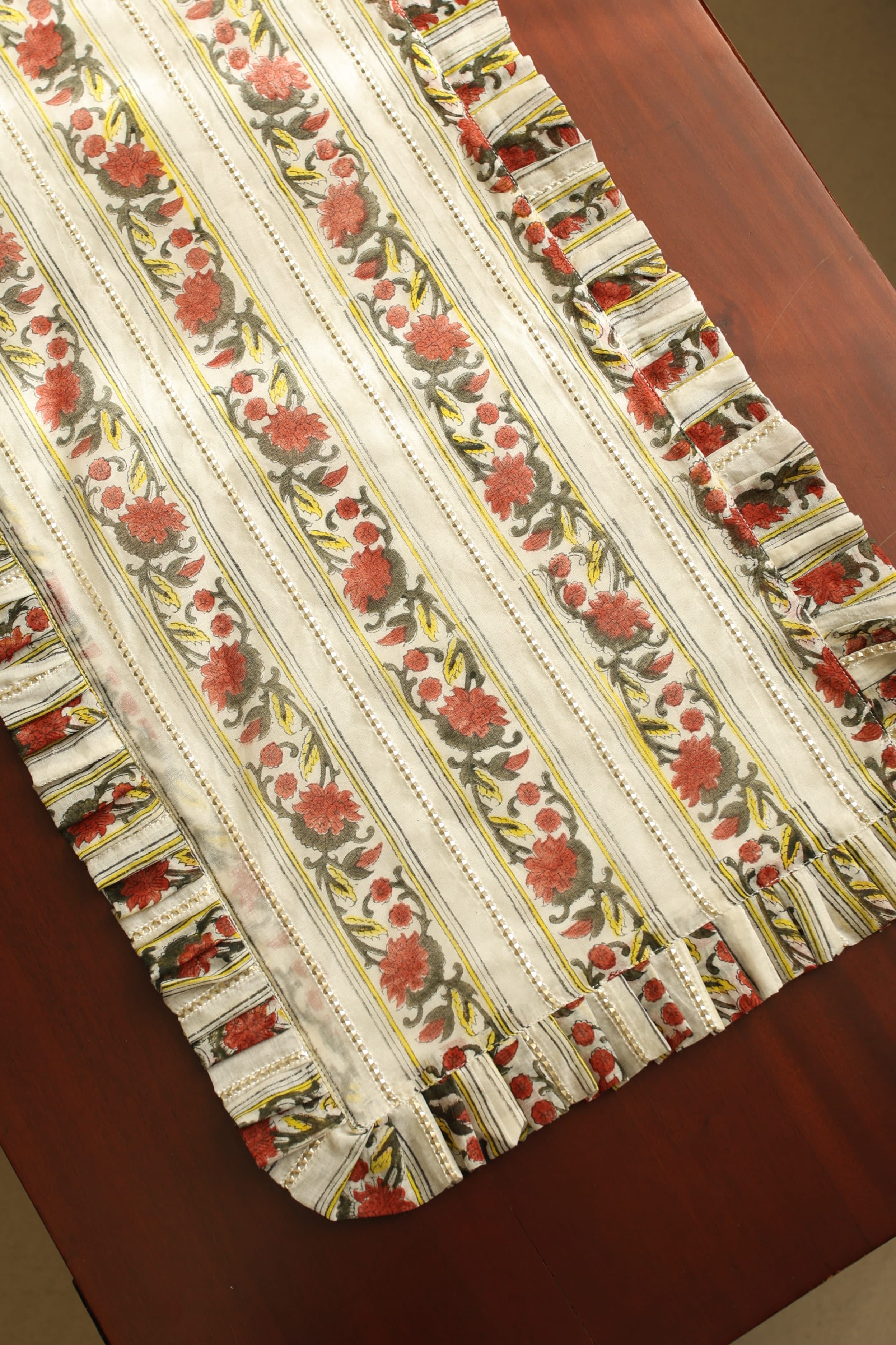 Onam Handblock Table Runner with Ruffled Edges - 4 seater