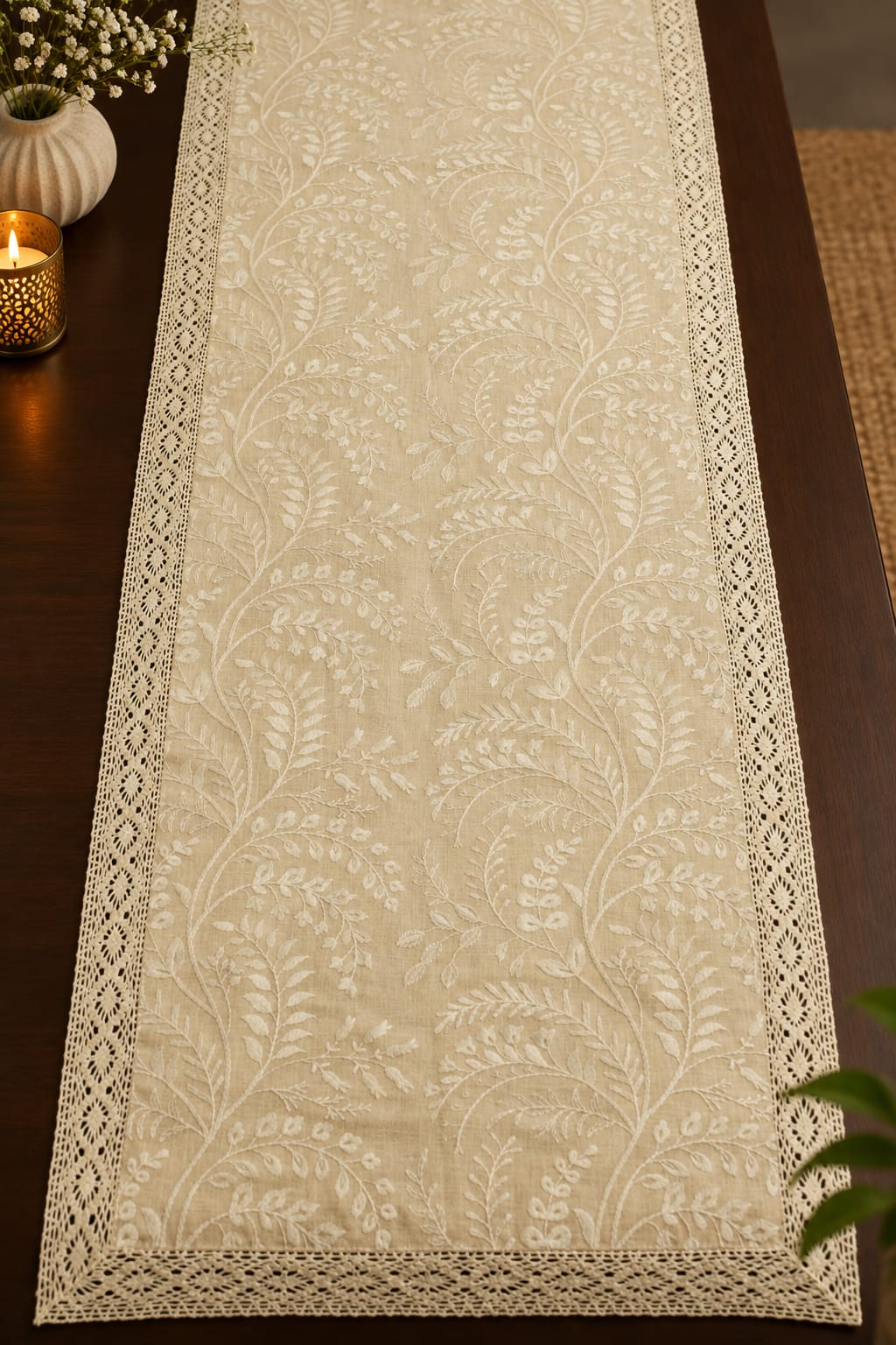 Embroidered Floral 8 seater Table Runner with Lace Border