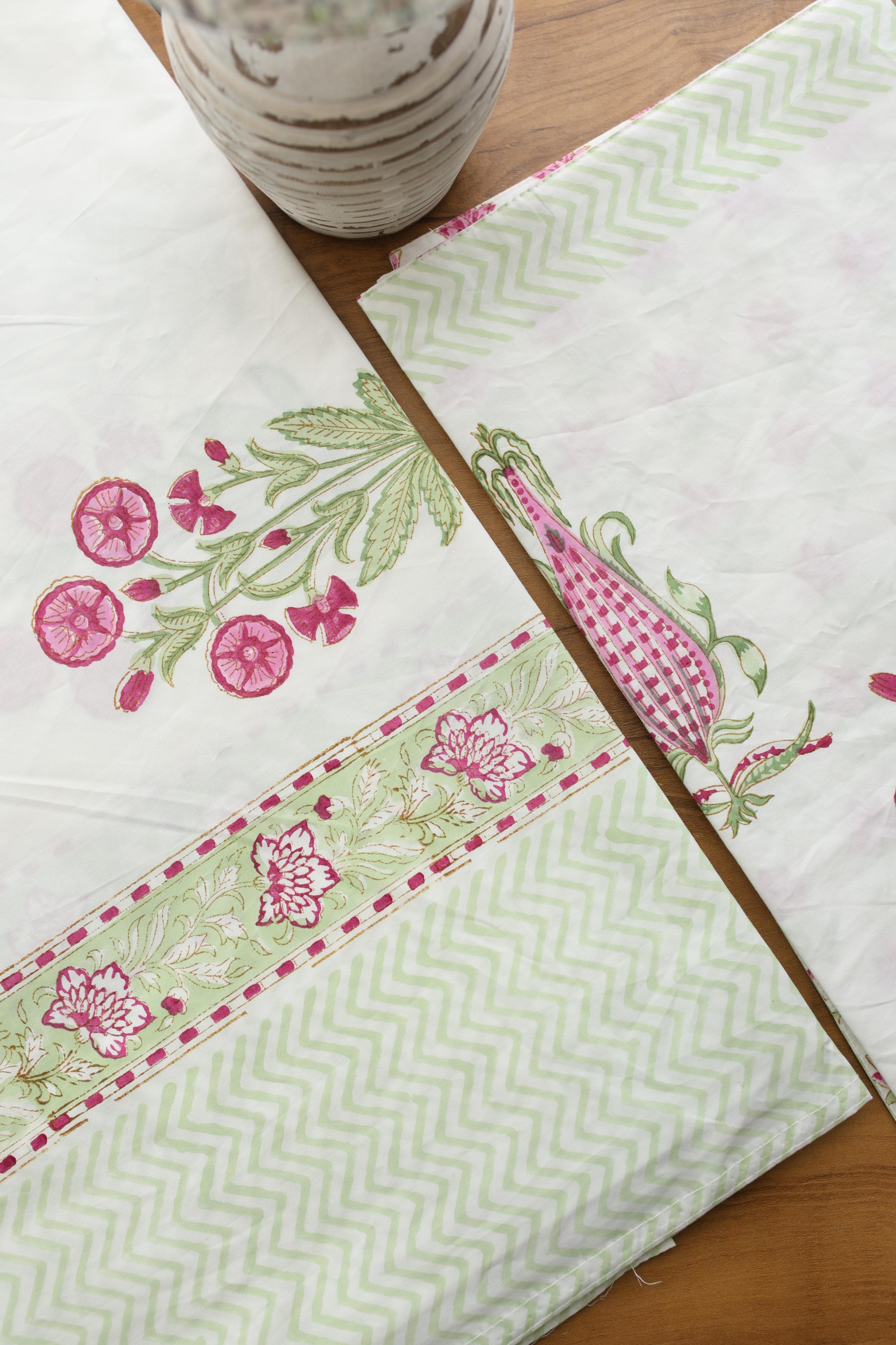 Bedsheets - Queen percale cotton handblock white lily bedsheets
