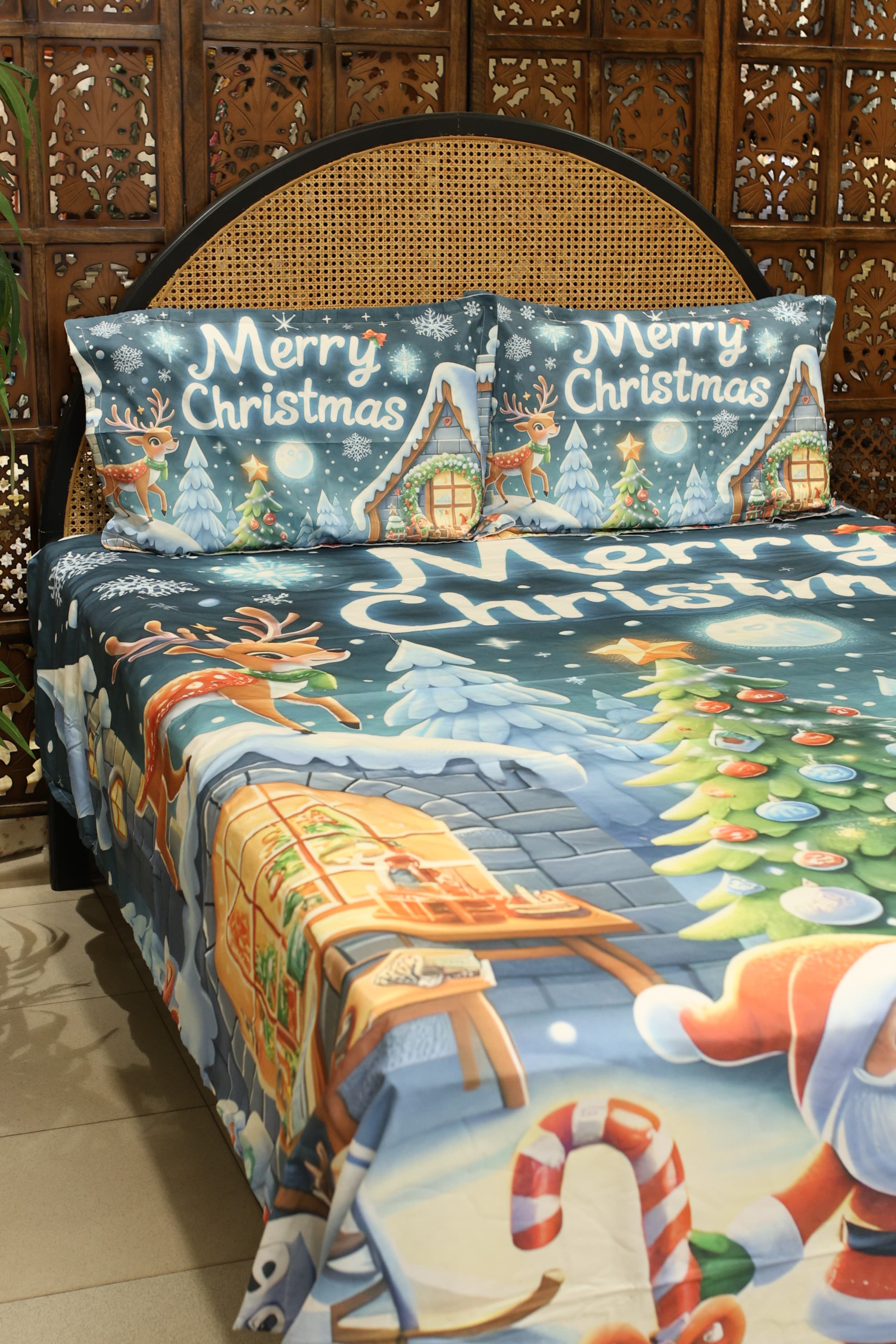 Christmas 7D Panel Print King Size Bedsheet Set - Xmas edition
