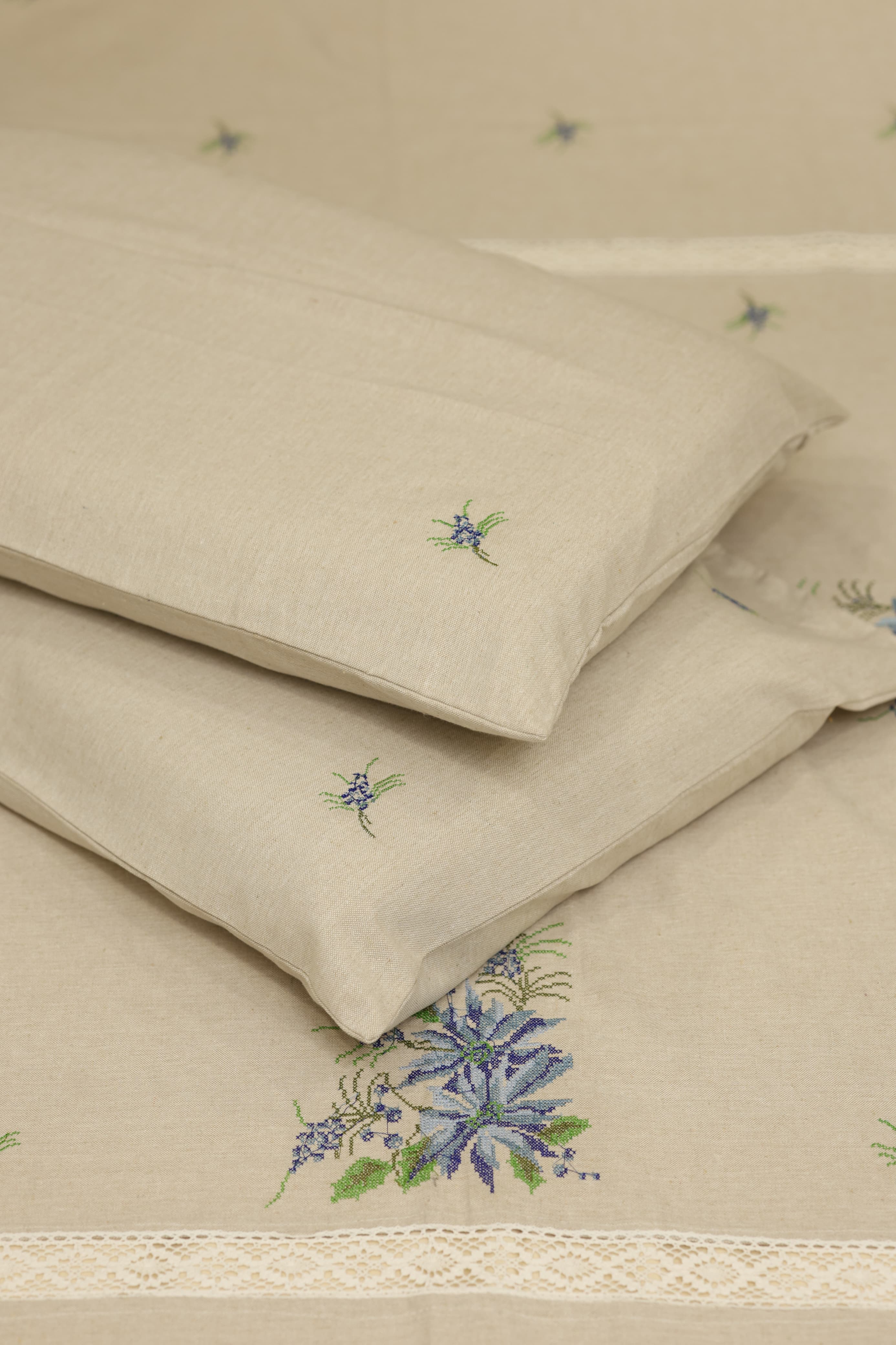 Premium Cross stitch Embroidery Cotton King Size Bedspread Set