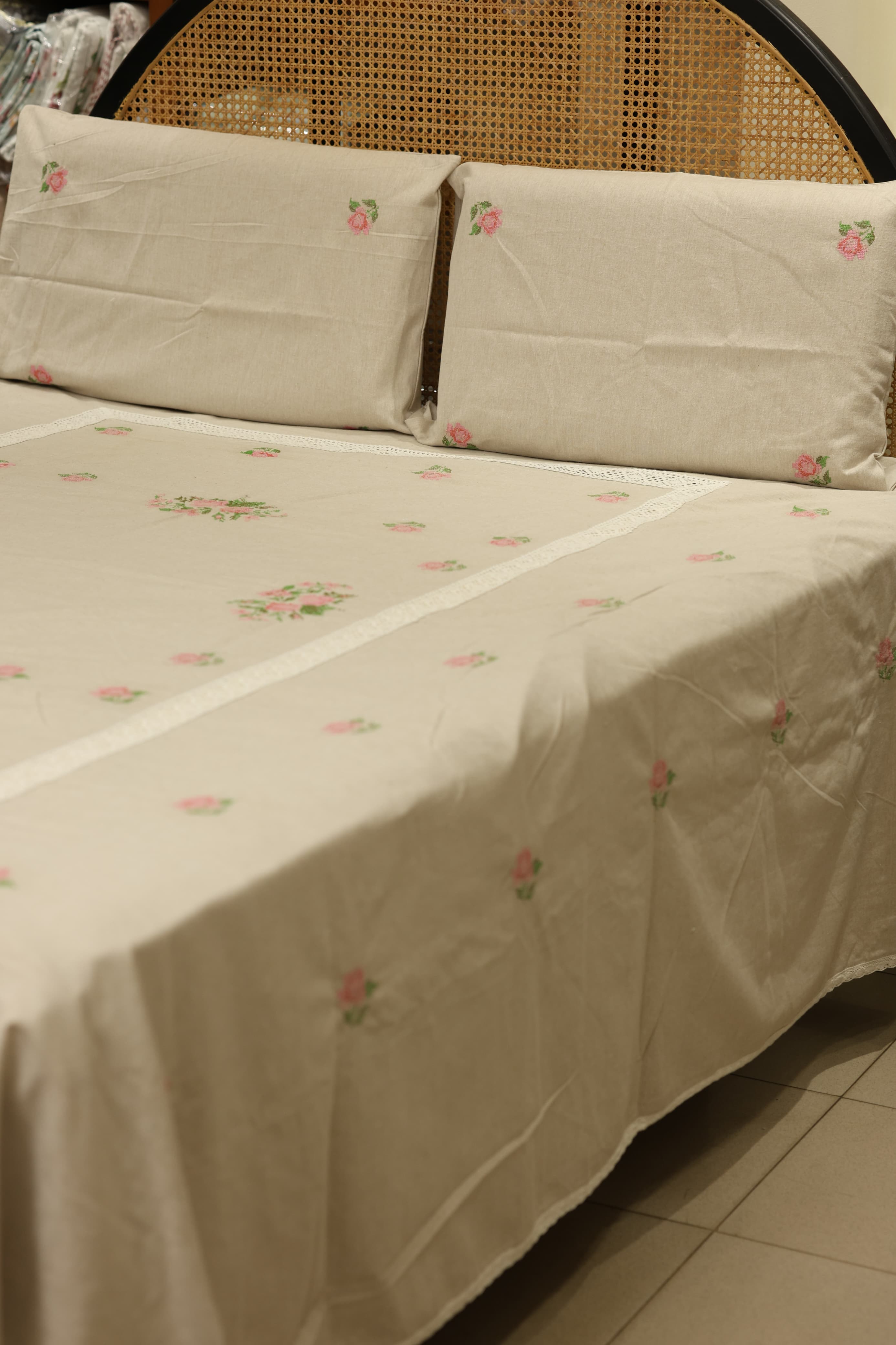 Premium Cross stitch Embroidery Cotton King Size Bedspread Set