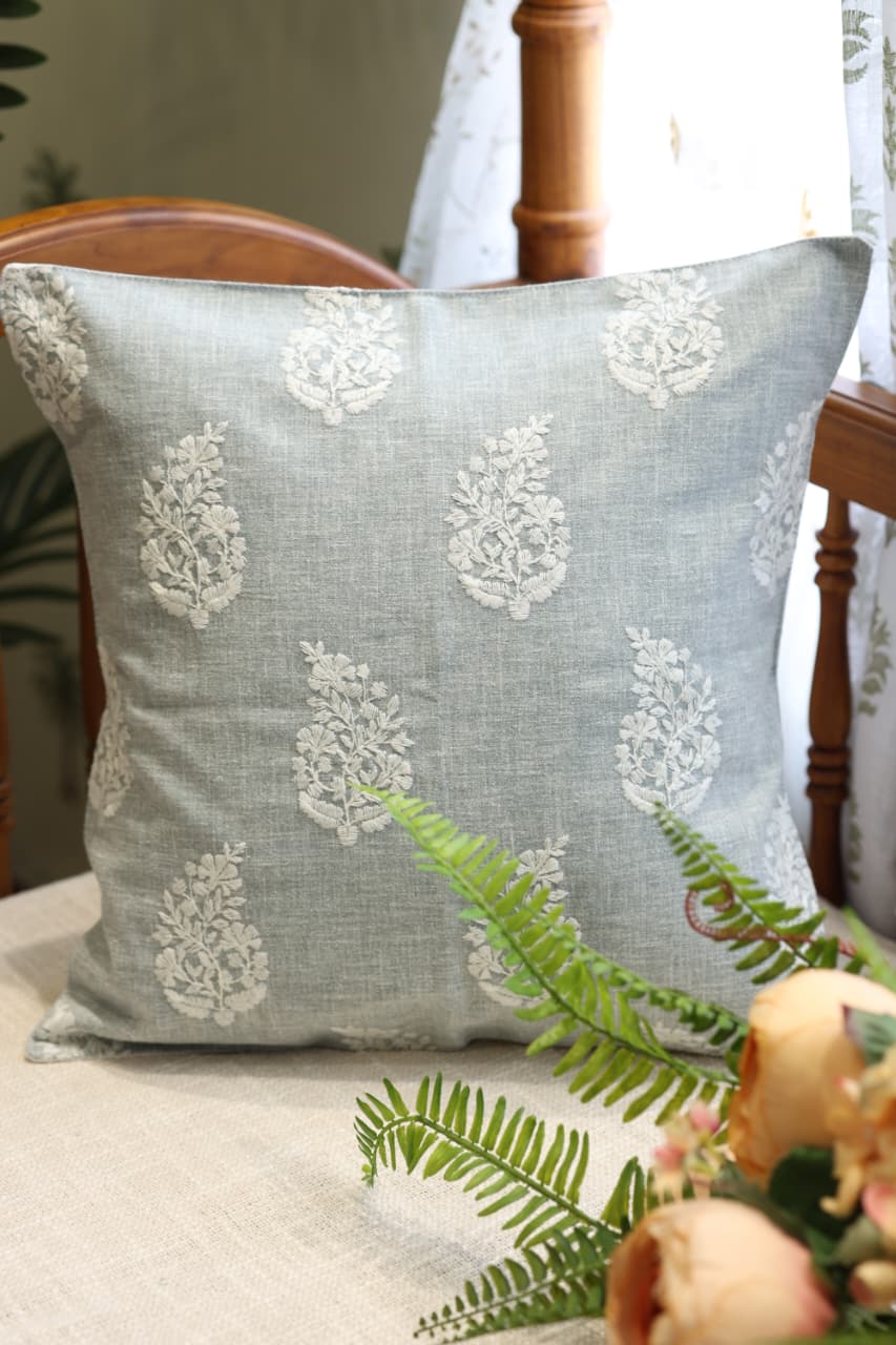 Sage Grey Floral Embroidered Cushion Cover-pre booking