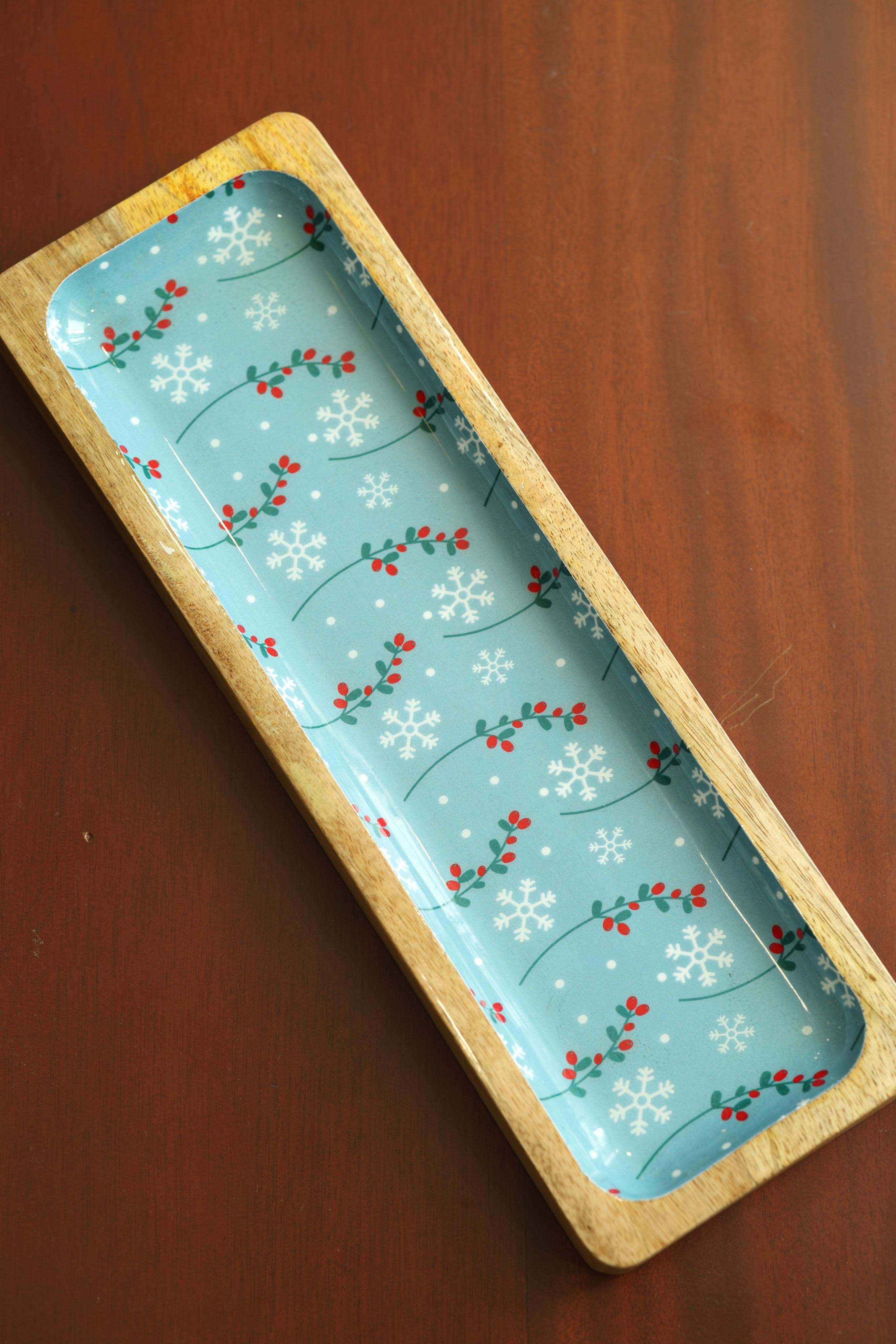 Rectangular Acacia Wood Server with Blue Floral Enamel