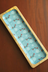 Rectangular Acacia Wood Server with Blue Floral Enamel