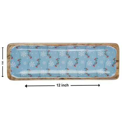 Rectangular Acacia Wood Server with Blue Floral Enamel