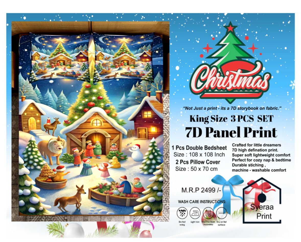 King size 7D Panel Print Bedsheet Set Xmas Edition