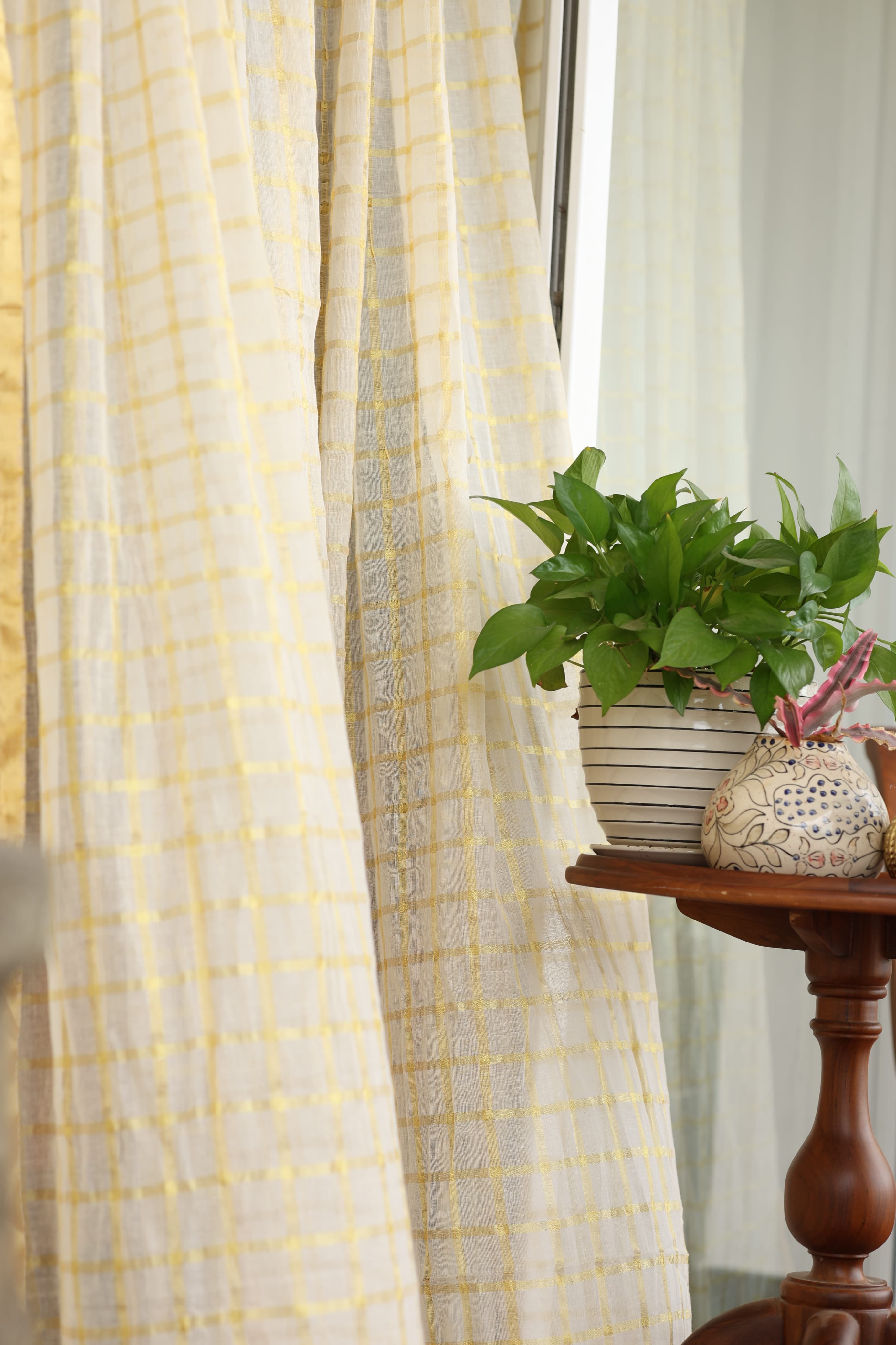 Onam Kasavu Sheer Curtain – Gold Check Elegance