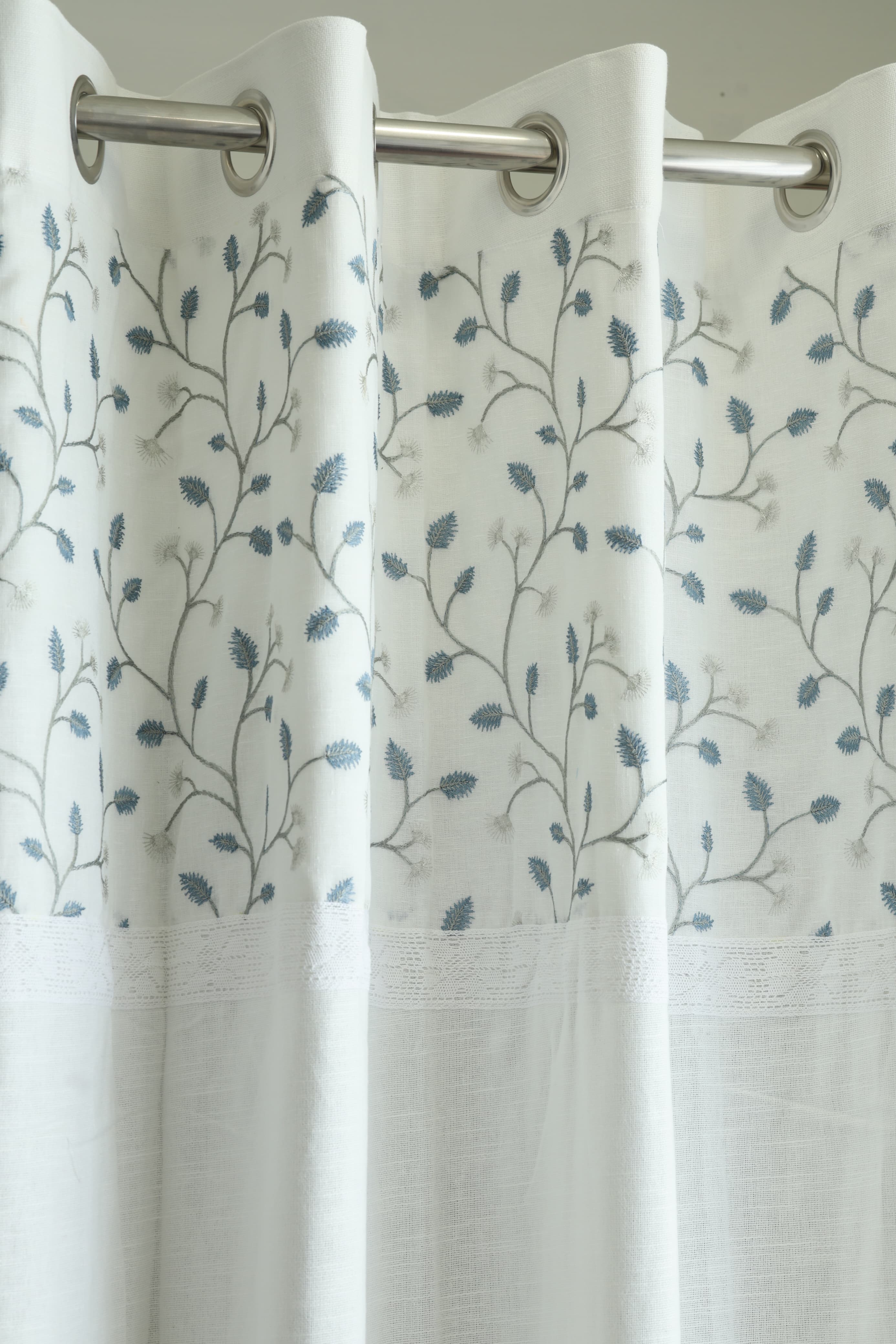 Premium White Opaque Curtain with Blue Floral Embroidery