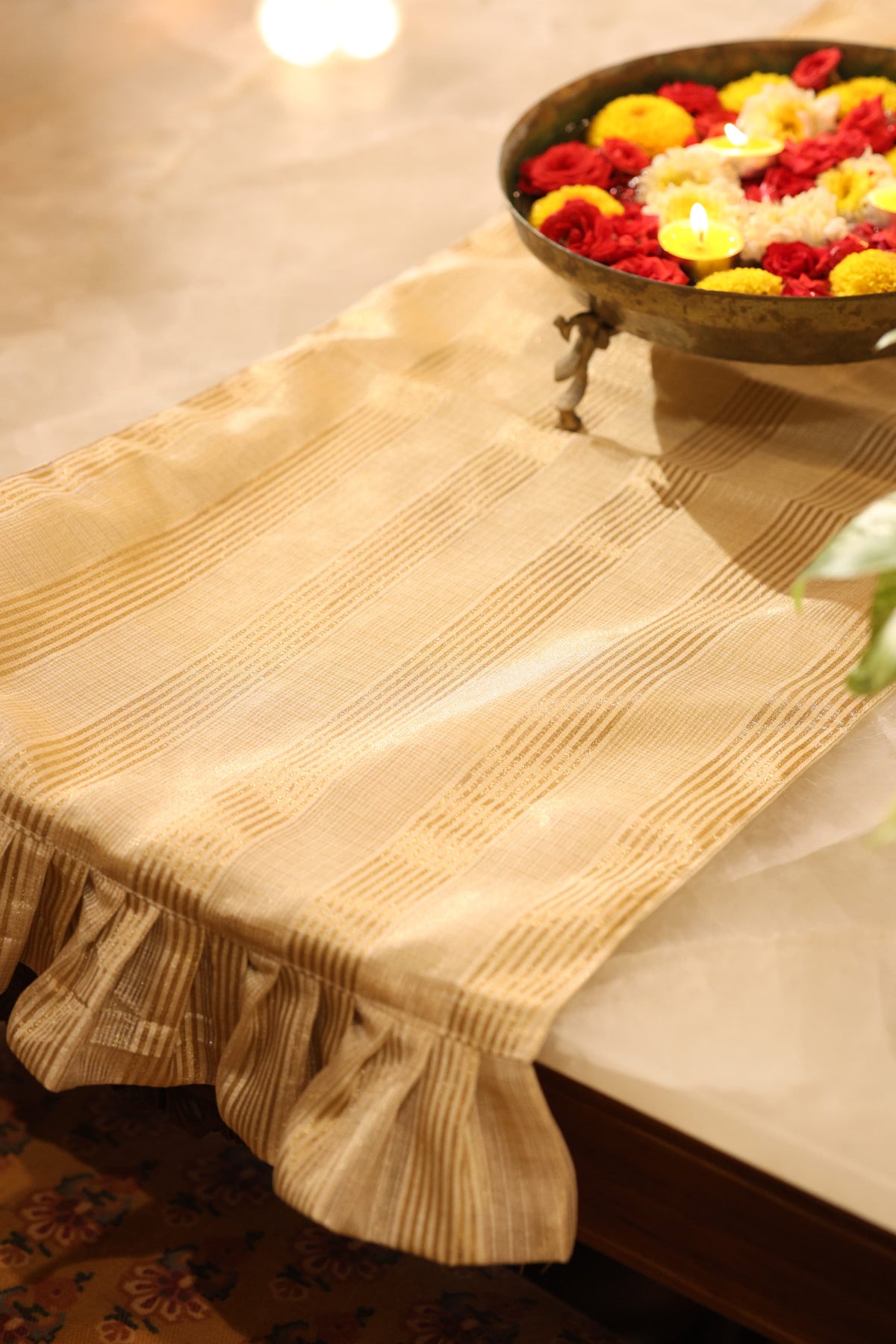 Onam Striped Table Runner with Ruffled Edges - 4 seater
