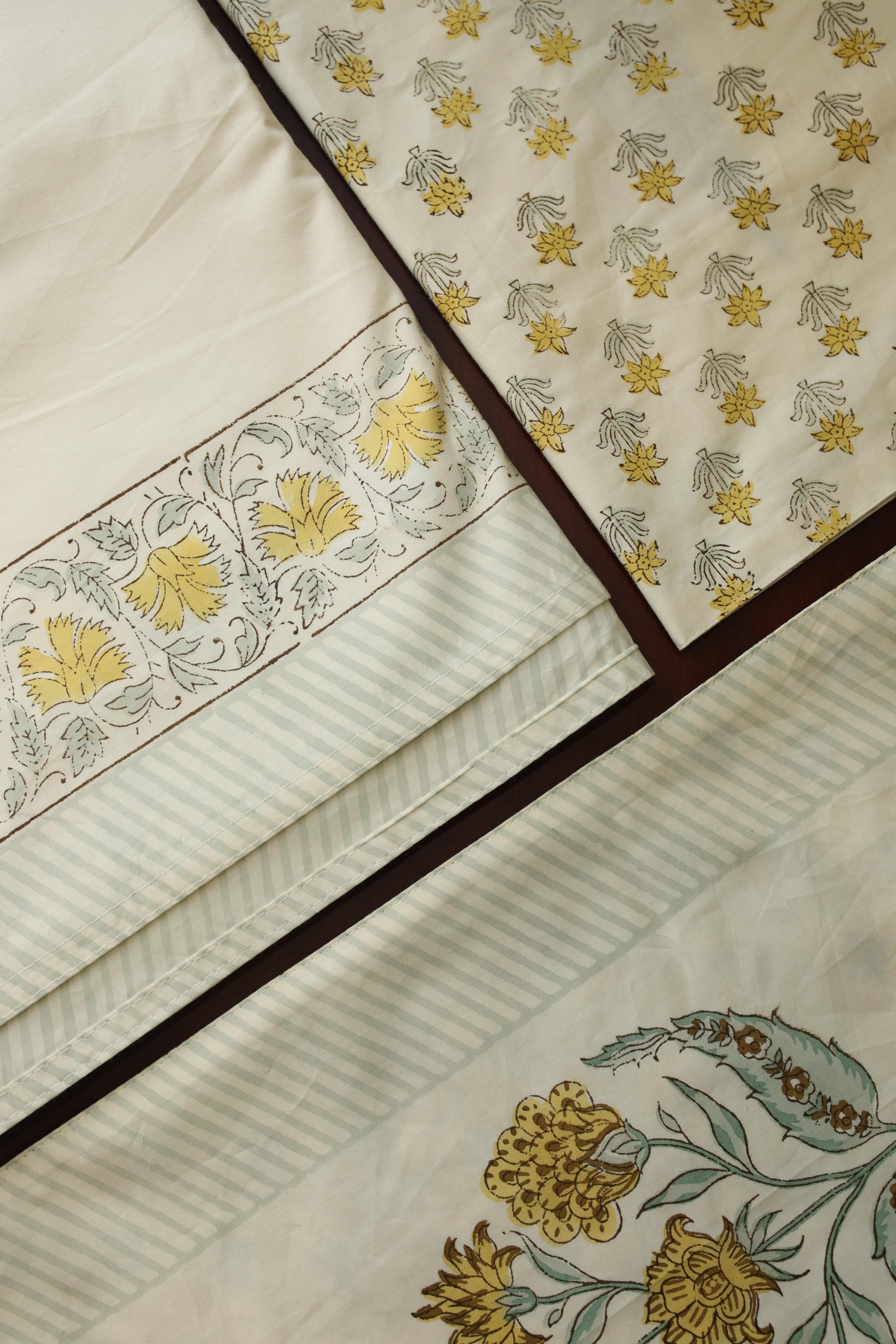 Bedsheets - King percale cotton handblock white lily  bedsheets