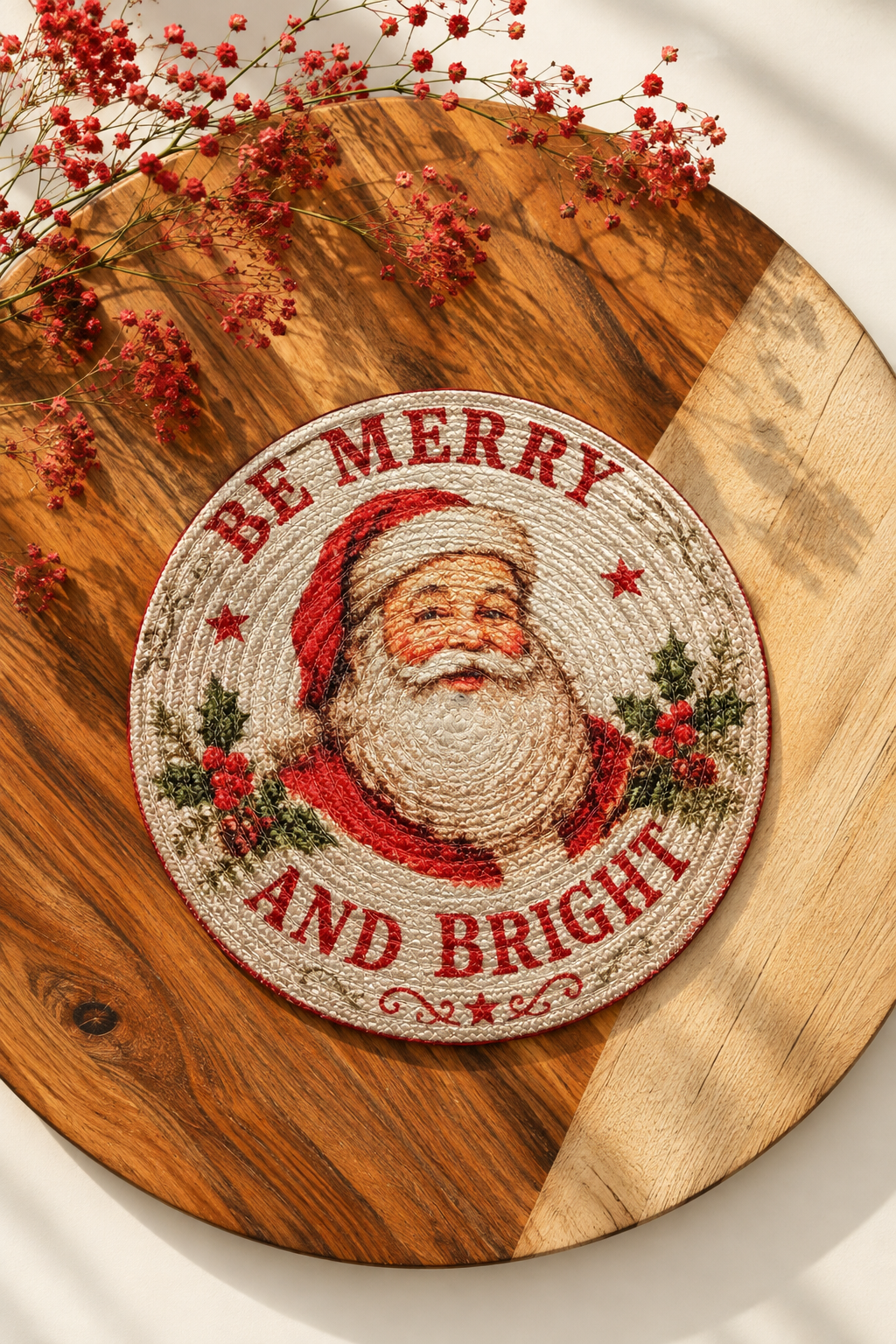 Vintage Santa "Be Merry And Bright" Woven Coaster