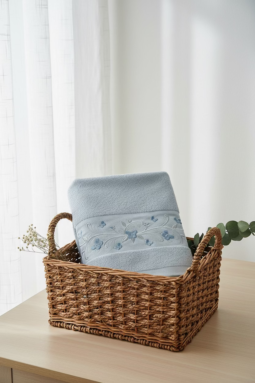 Premium Floral Embroidery  Bath Towel – Pastel (Light grey)