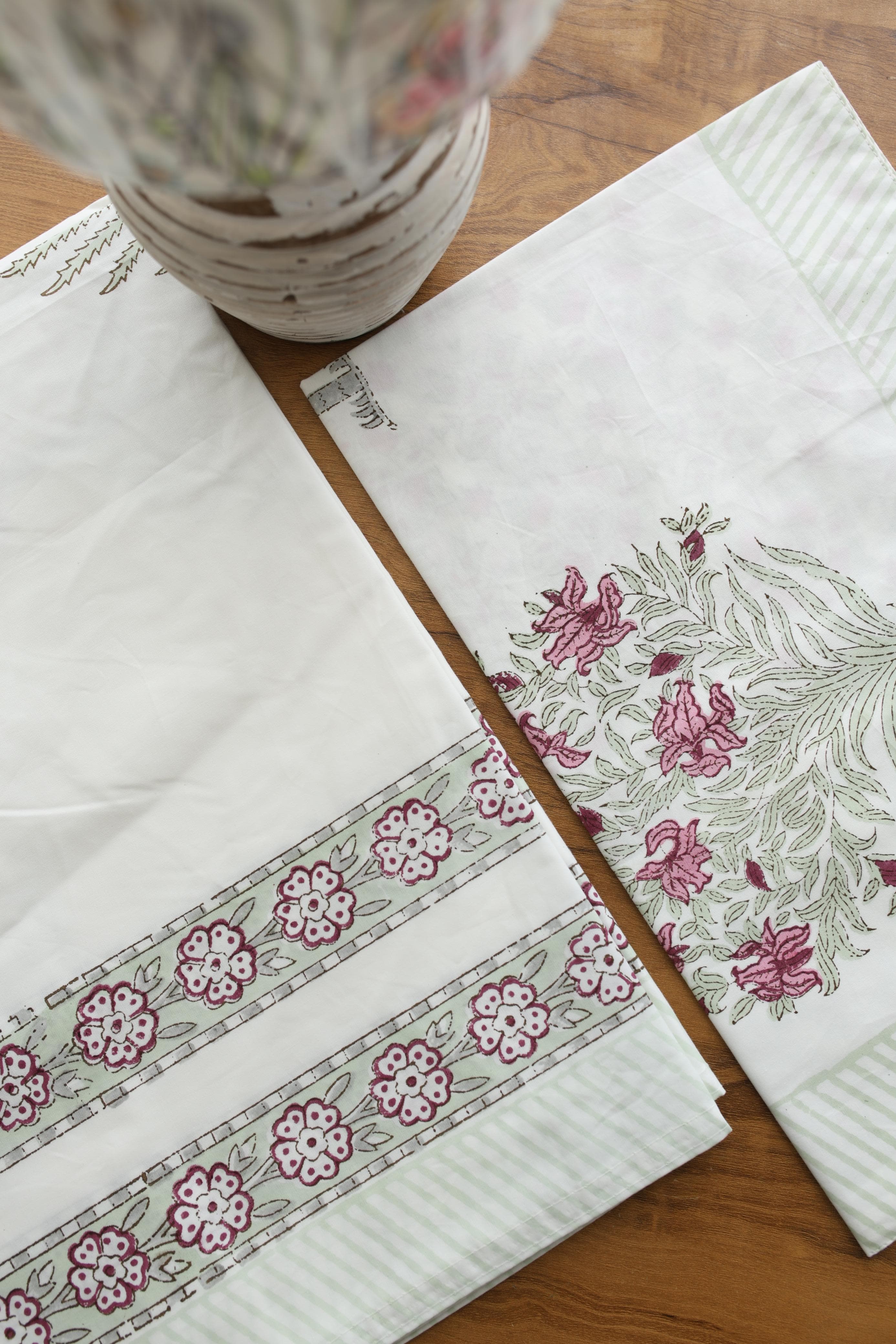 White Lilly Cotton Handblock Percale Single Bedsheet