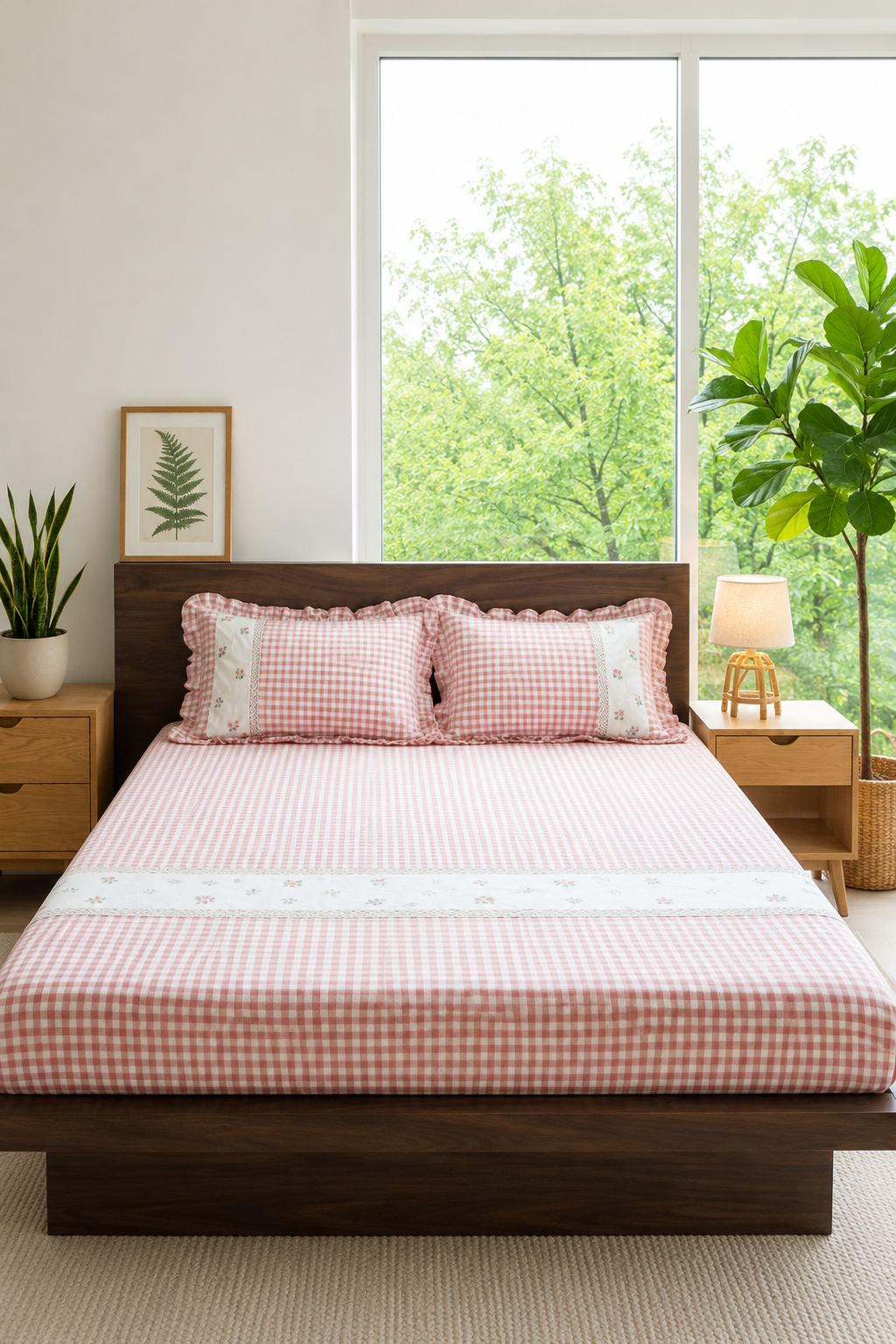 Check King Floral Embroidery Bedspread bed sheet(peach)