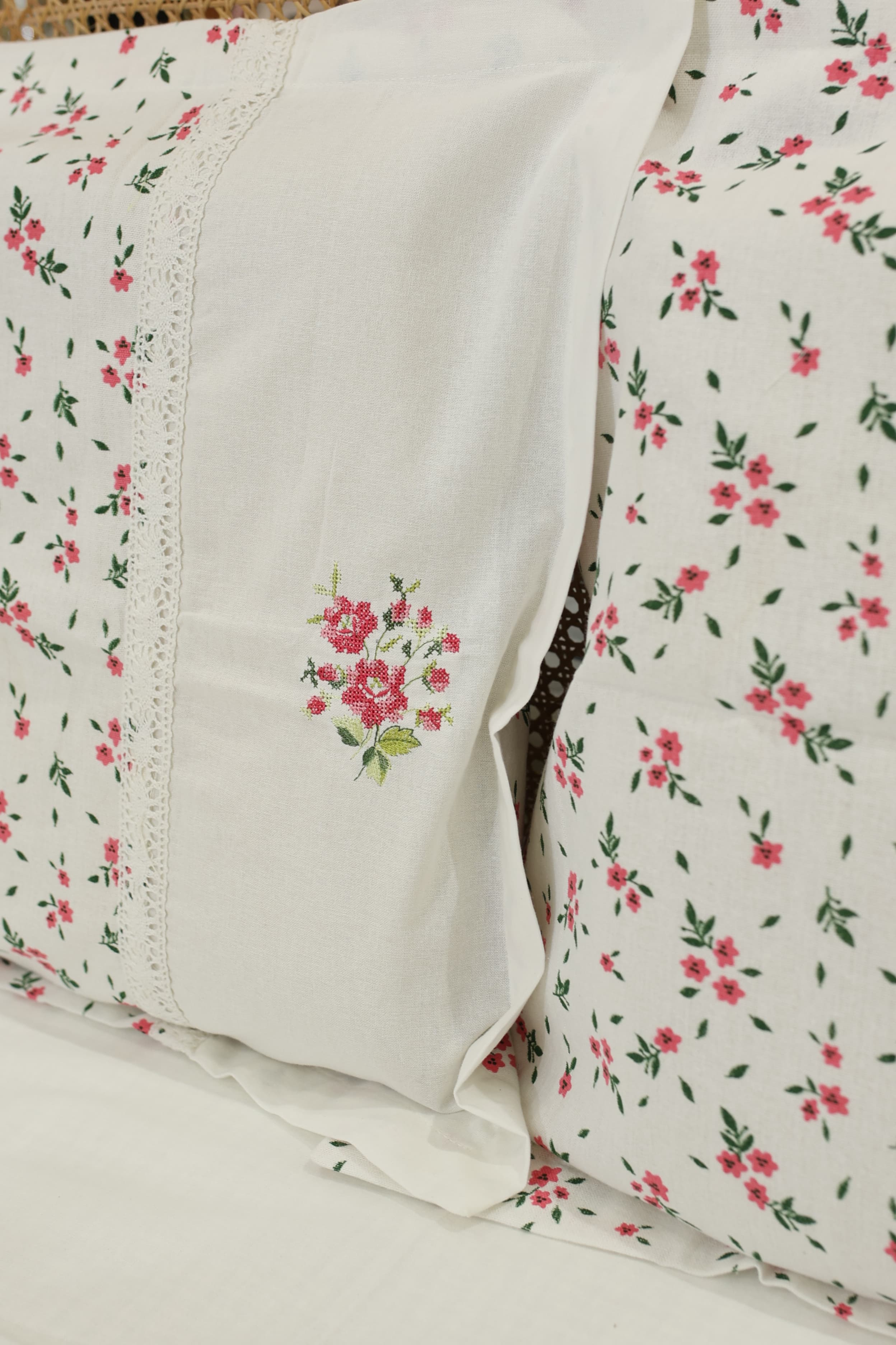 Floral Print & Cross-Stitch Embroidery Handloom Cotton Bedspread Set