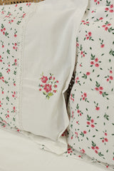 Floral Print & Cross-Stitch Embroidery Handloom Cotton Bedspread Set