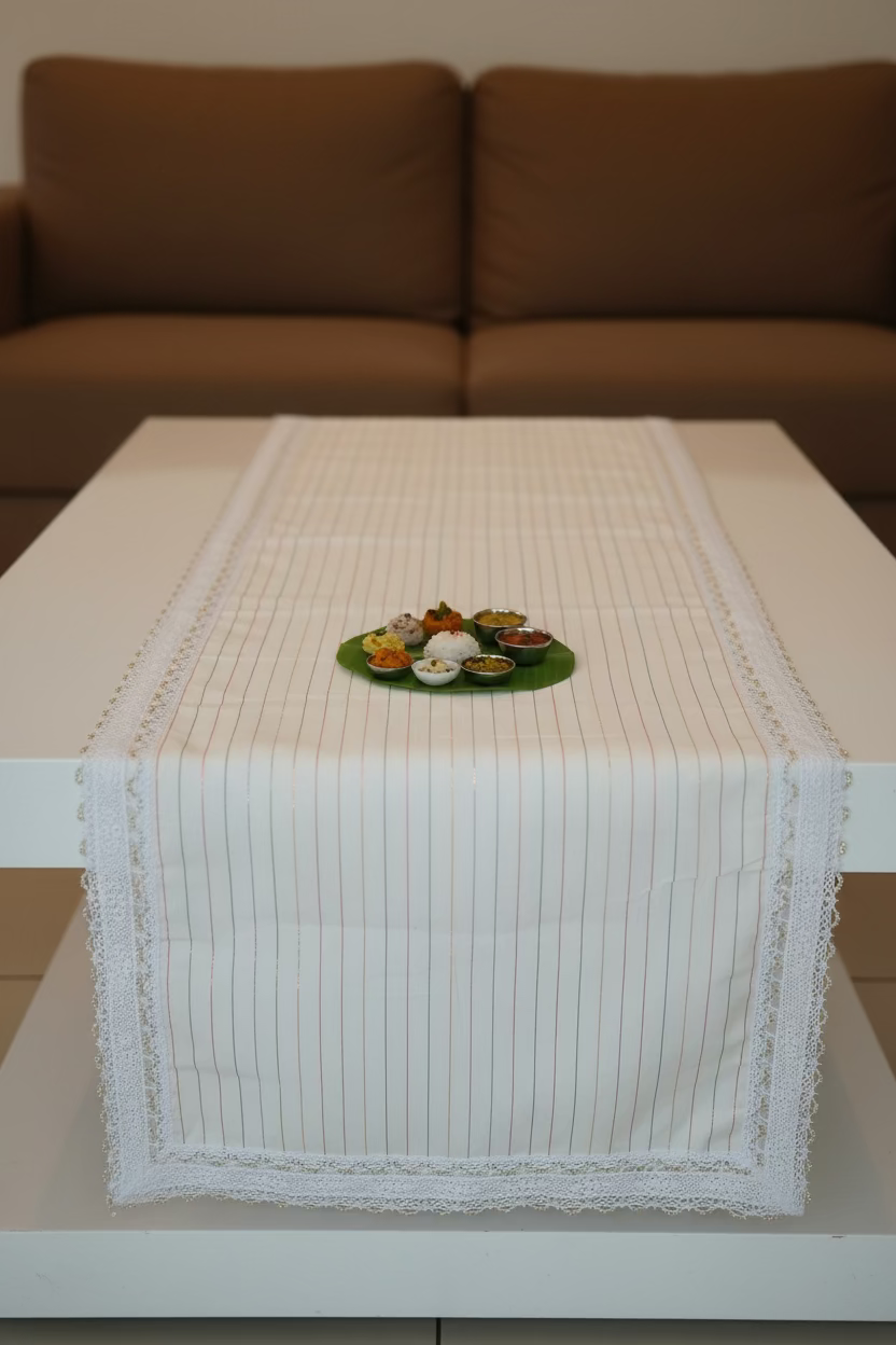 Onam Striped Table Runner with Side Lace - 8 seater