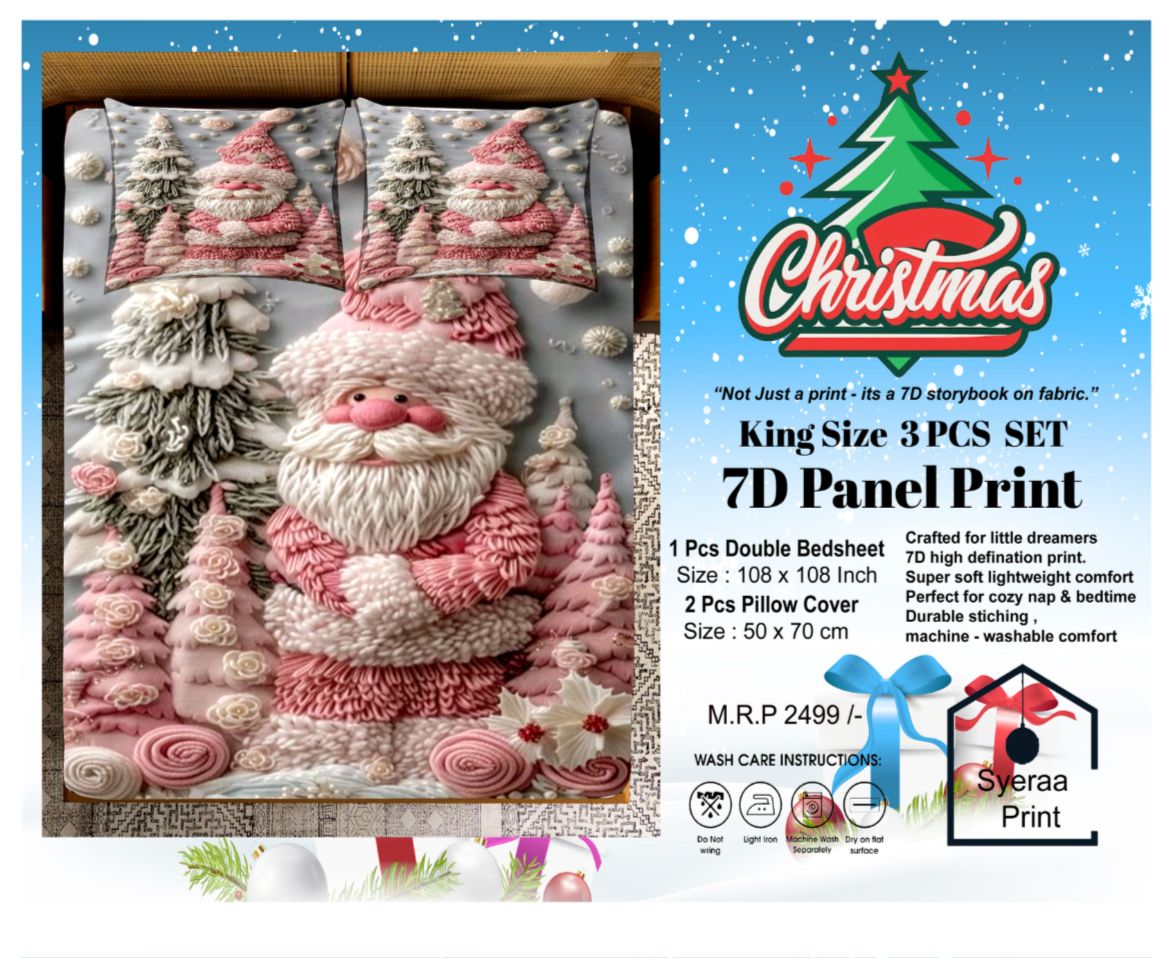 King size 7D Panel Print Bedsheet Set Xmas Edition