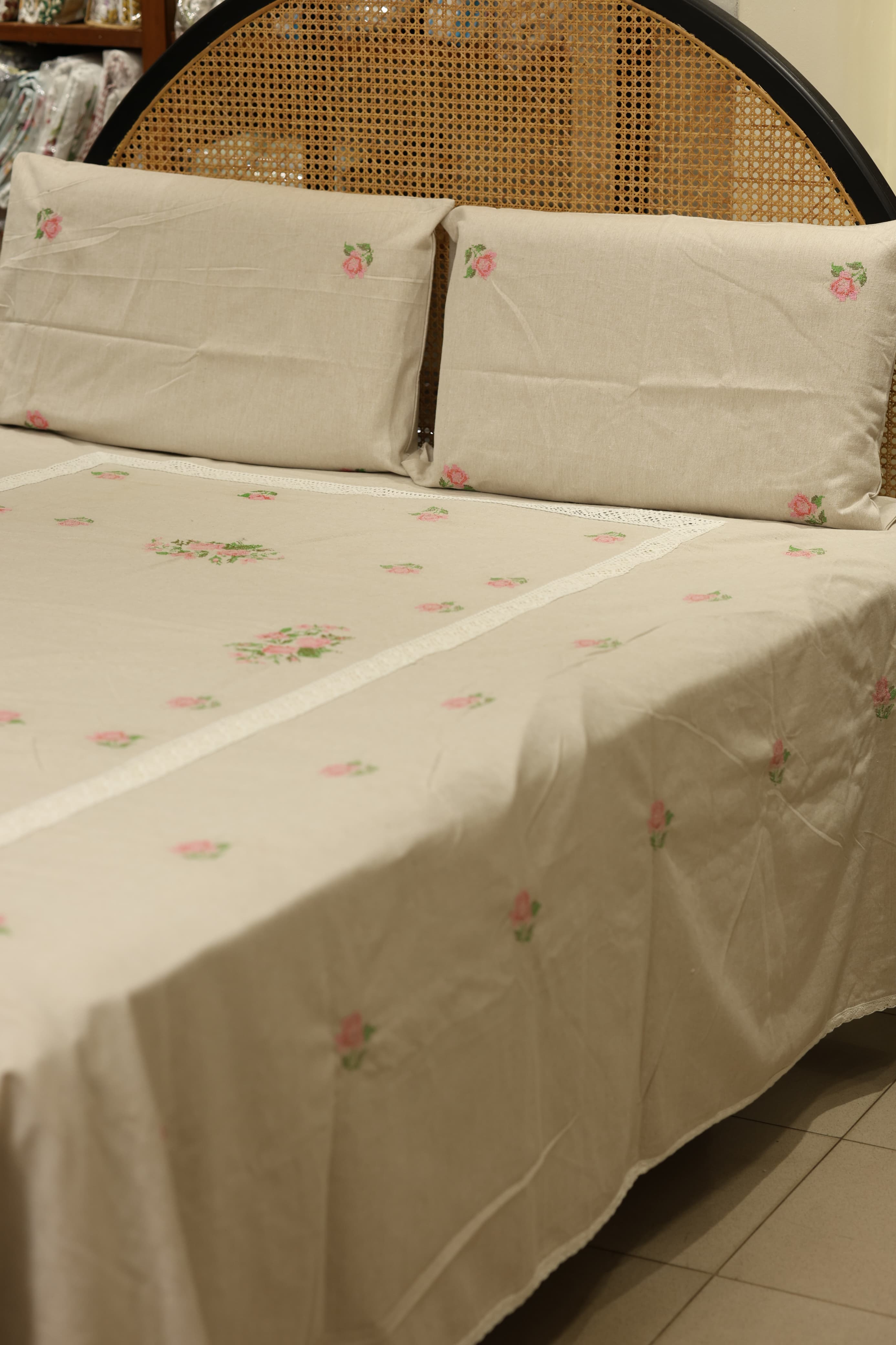 Premium Cross stitch Embroidery Cotton King Size Bedspread Set