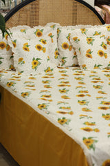 Bedsheets - Premium king floral printed lace bedsheet with cushion covers Yellow sunflower